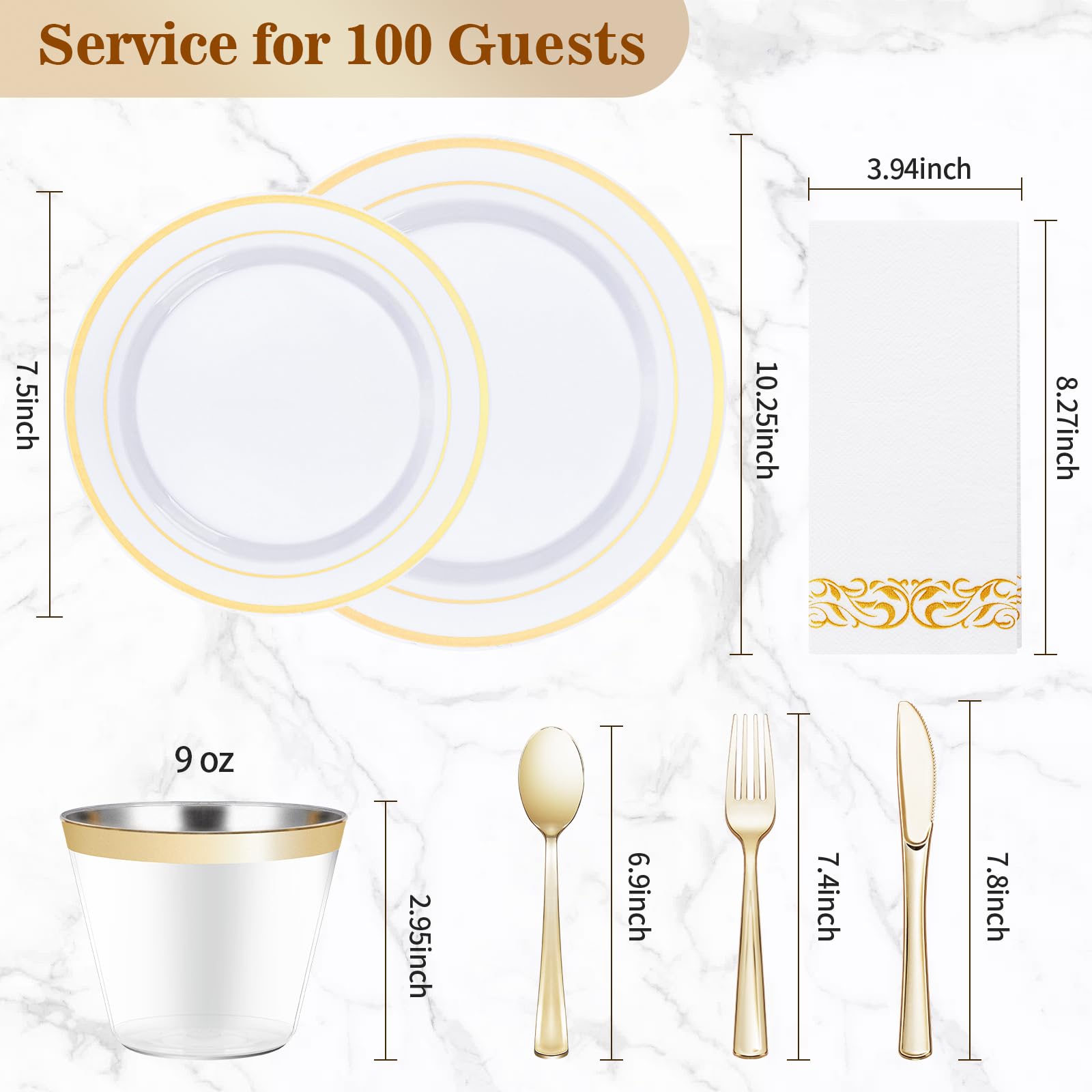 700-Piece Gold Plastic Dinnerware Set for 100 Guests - Includes 100 Dinner Plates, Dessert Plates, Silverware Sets, Cups & Napkins - Elegant Disposable Tableware for Weddings, Parties & Events