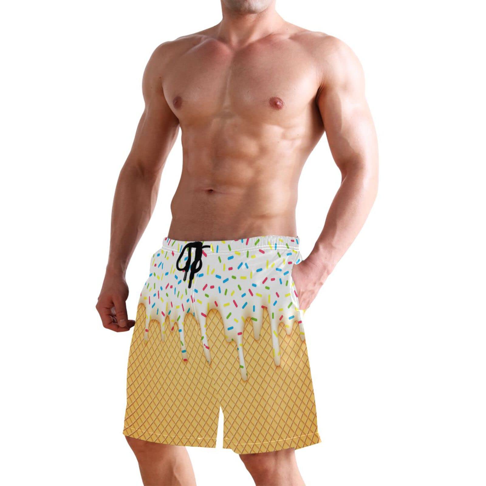 Men's Quick Dry Swim Trunks - Ice Cream Cone Print Summer Beach Shorts for Swimming & Bathing | Perfect for Pool, Beach & Vacation