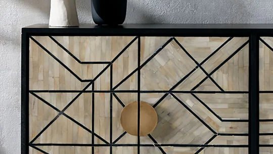 Handmade Bone Inlay Wooden Buffet Cabinet with 4 Doors - Black Finish Metal Legs for Dining Room Storage & Living Room Decor