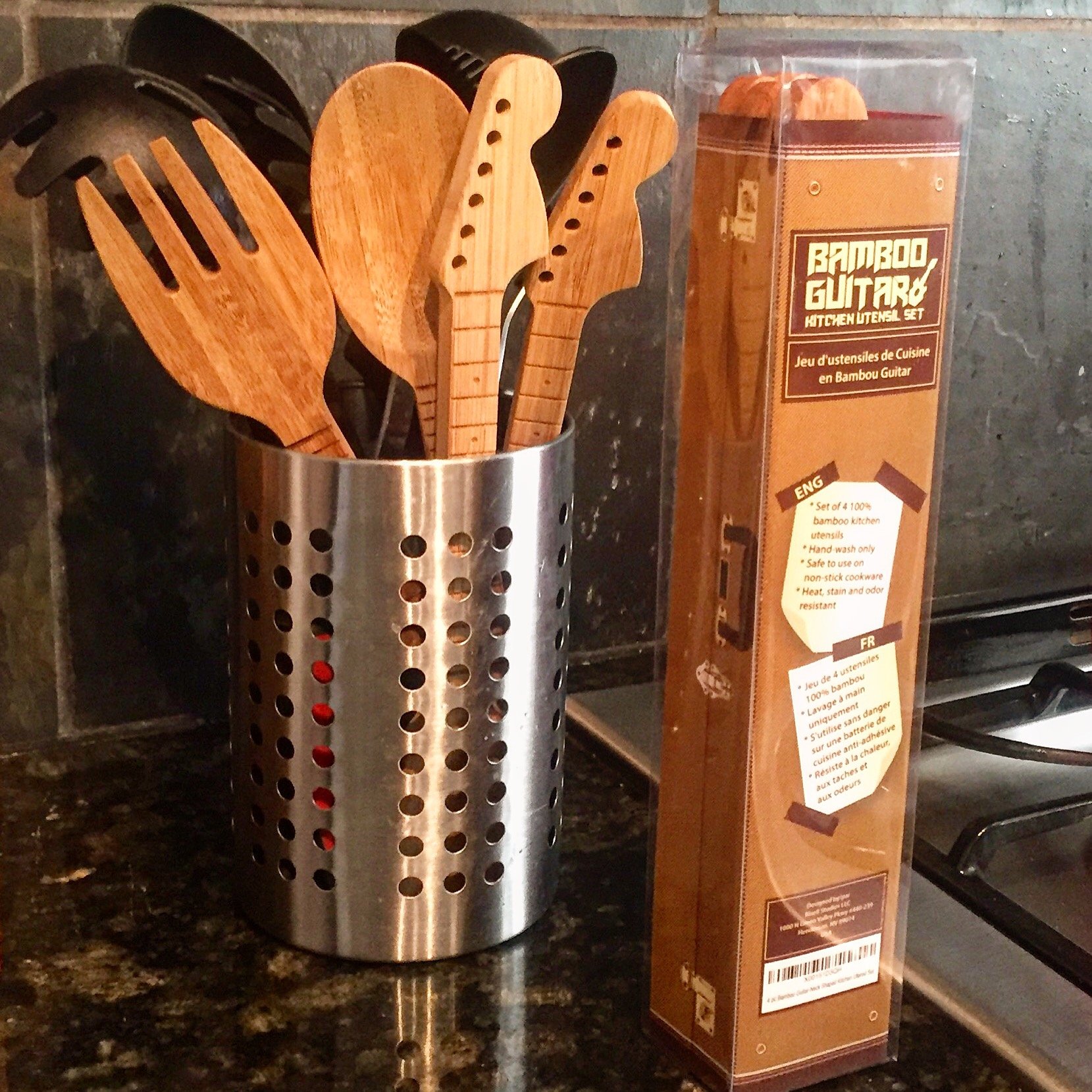 Bamboo Guitar Neck Shaped Kitchen Utensil Set - 4-Piece Cooking Tools (Spoon, Spatula, Salad Fork) - Perfect Musician Gift for Baking, Cooking & Serving - Ideal for Home Chefs & Music Lovers