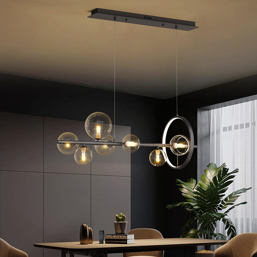Industrial Black Linear Pendant Light Fixture - 7-Light Kitchen Island Lighting, Dining Room Ceiling Light for Table - Modern Farmhouse & Industrial Style Hanging Lights for Kitchen, Living Room, Restaurant, Bar (Black)
