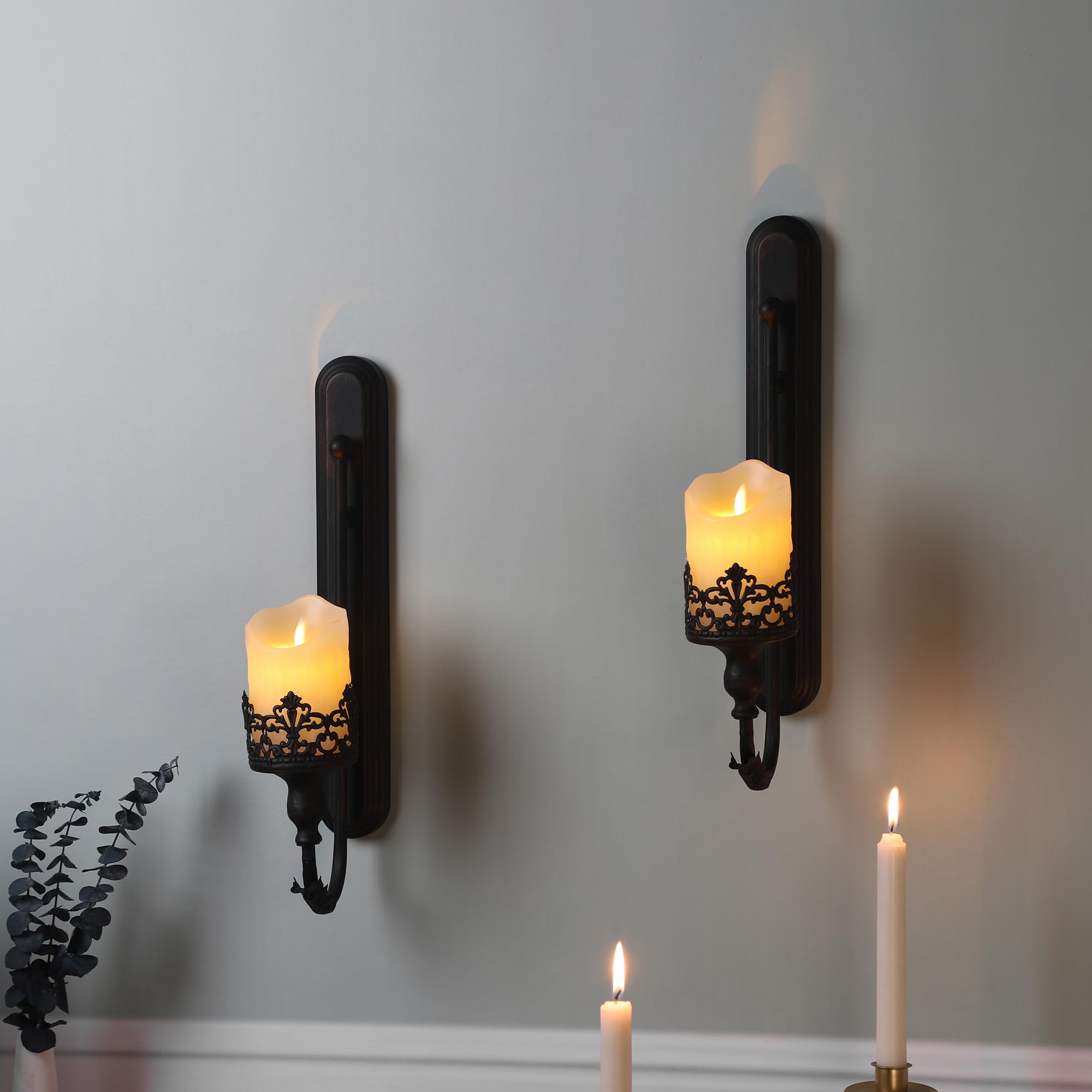 We Moment Set of 2 Black Metal Wall Mount Candle Holders - Modern Retro Crown Sconces for Living Room, Fireplace, Wedding & Farmhouse Decor - Perfect for Romantic Ambiance, Dinner Parties & Holiday Decorations