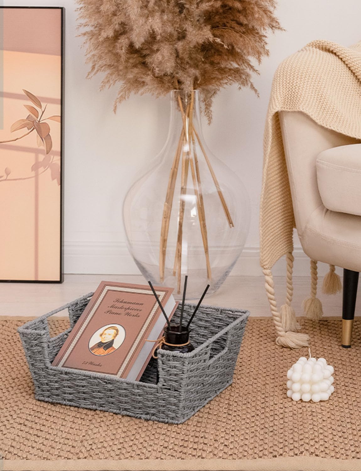 StorageWorks Wicker Baskets for Home Organization - 2 Pack Grey Handwoven Pantry & Shelf Storage Baskets | Perfect for Kitchen, Bathroom, Closet & Office Organization