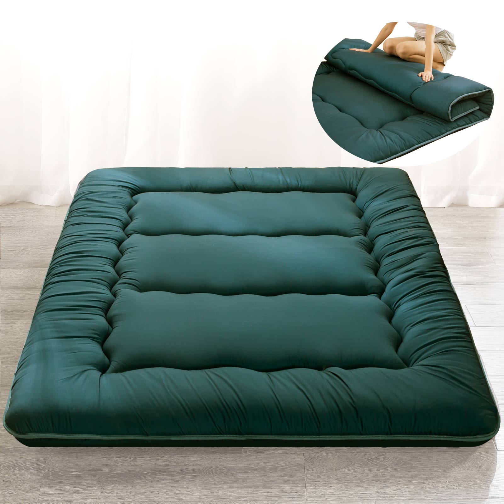 MAXYOYO Japanese Floor Futon Mattress - Dark Green Foldable Sleeping Mat for Guest Bed, Meditation & Small Space Living | Comfortable Tatami Style Floor Bed for Adults