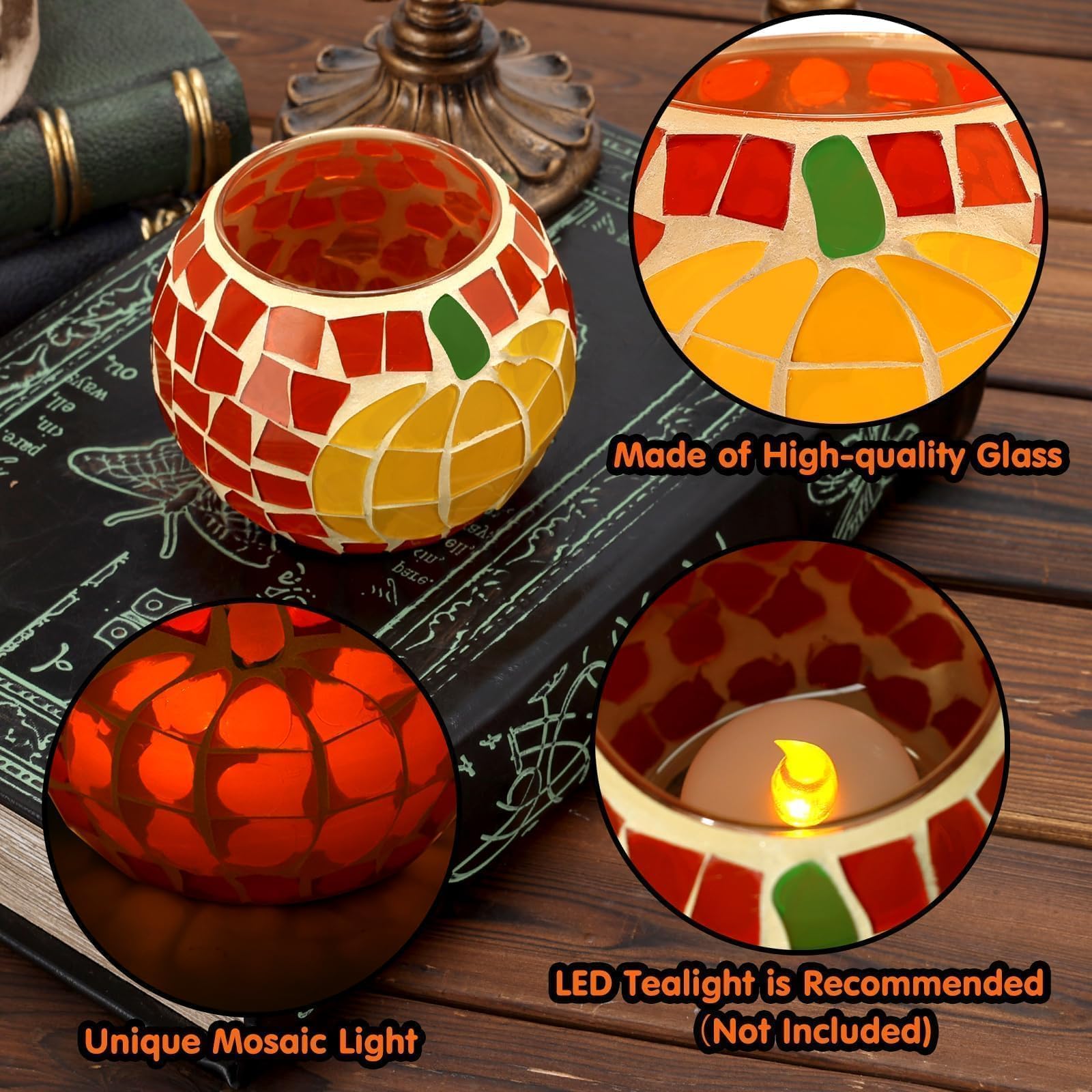 Black Cat Mosaic Glass Tealight Holders Set of 3 - Halloween Pumpkin Gothic Votive Candle Holders for Party Centerpiece & Dinner Table Decor - Perfect for Halloween Home Decor, Spooky Dinner Parties & Gothic Weddings (Candles Not Included)