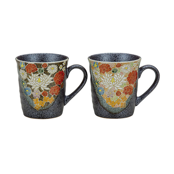 Kutani Ware Hanazume Floral Pair of Japanese Tea Cups - Elegant Ceramic Mugs for Tea, Coffee & Home Decor