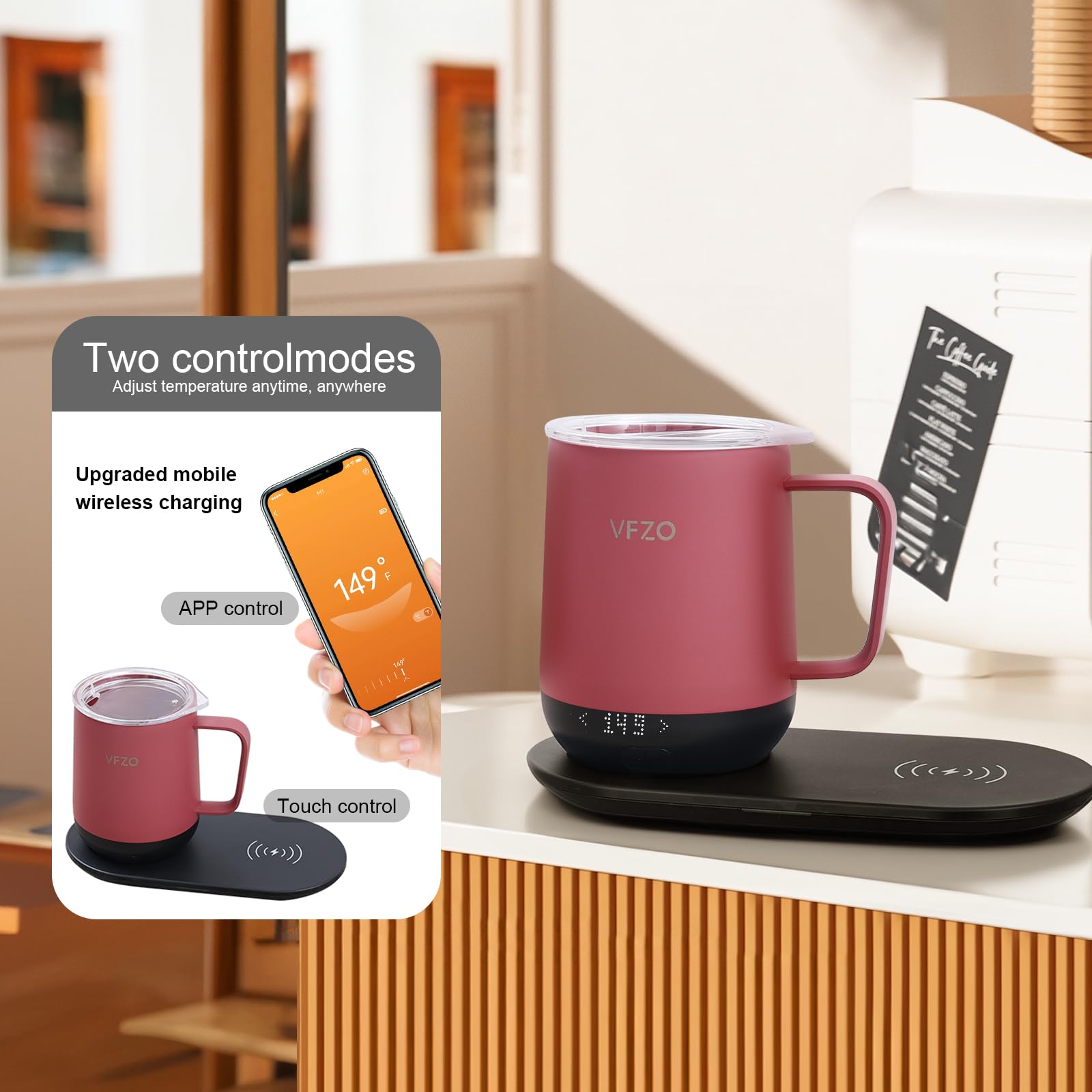 Smart Self-Heating Coffee Mug with Temperature Control & LED Display - 180 Min Battery Life, Fast Wireless Charging (149℉ Max) - Perfect for Office, Travel & Home Use - 12oz Dusty Rose Color