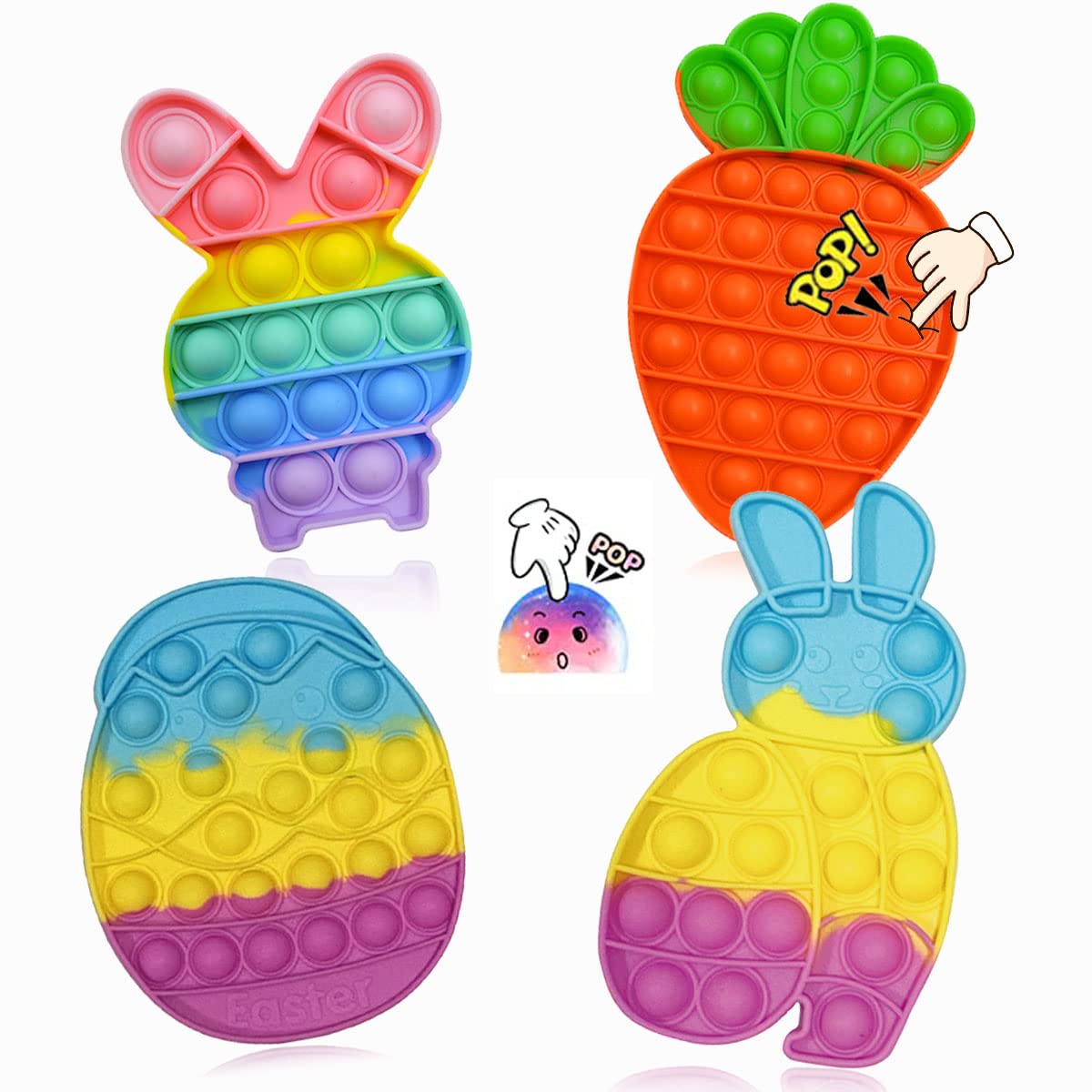 4 Pack Easter Pop Fidget Toys - Silicone Animal Sensory Stress Relief Toys for Kids & Adults (Rabbit, Carrot, Egg Shapes) - Perfect for School, Travel, Camping, Anxiety Relief & Easter Gifts - Fun Fidget Toys for Classroom, Office, Home Use
