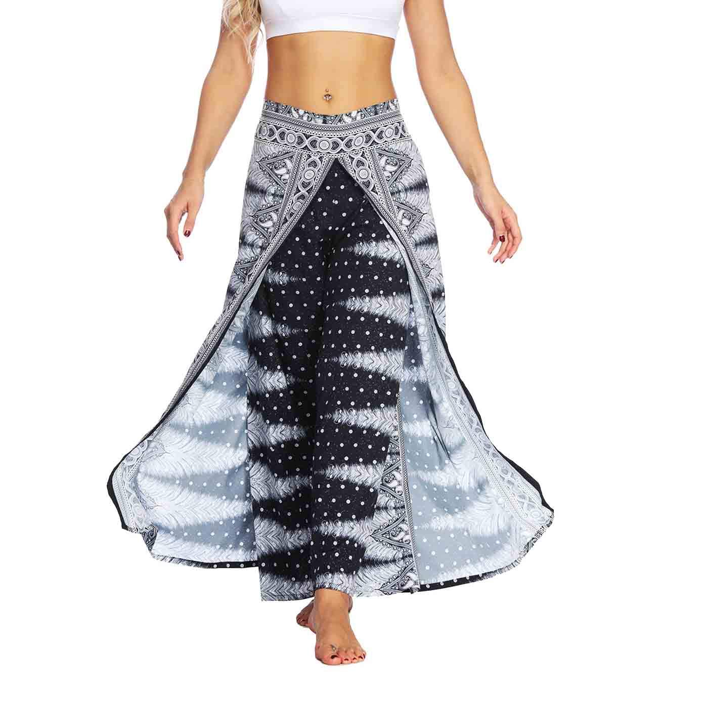 Women's High Waist Slit Wide Leg Pants - Bohemian Hippie Casual Yoga Pants for Summer Beach, Lounge & Vacation Wear