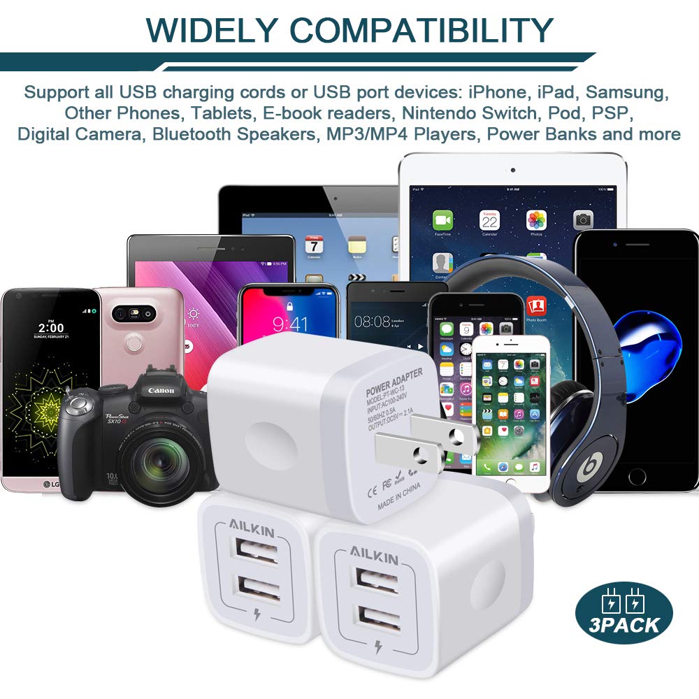 AILKIN 3-Pack Fast Wall Charger with 2-Port USB, 5V/2.1A AC Power Adapter for iPhone 15/14/13/12/SE/11Pro Max/XS/XR/8 Plus, Samsung Galaxy, Google Pixel - Perfect for Home, Office & Travel Charging
