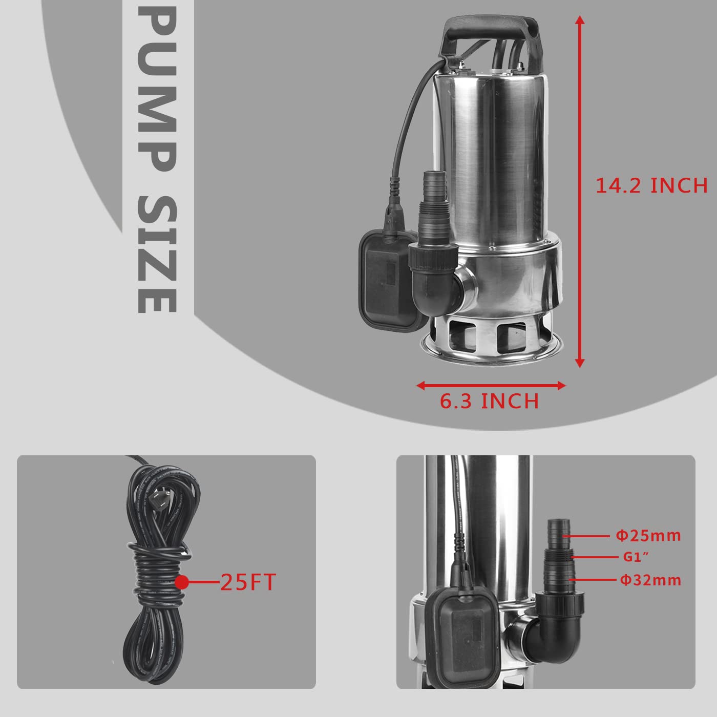1.5HP 4250 GPH Heavy Duty Stainless Steel Submersible Water Pump - Sump, Drain, Pool, Pond & Flood Water Transfer for Clean/Dirty Water - Ideal for Basement, Construction & Emergency Use