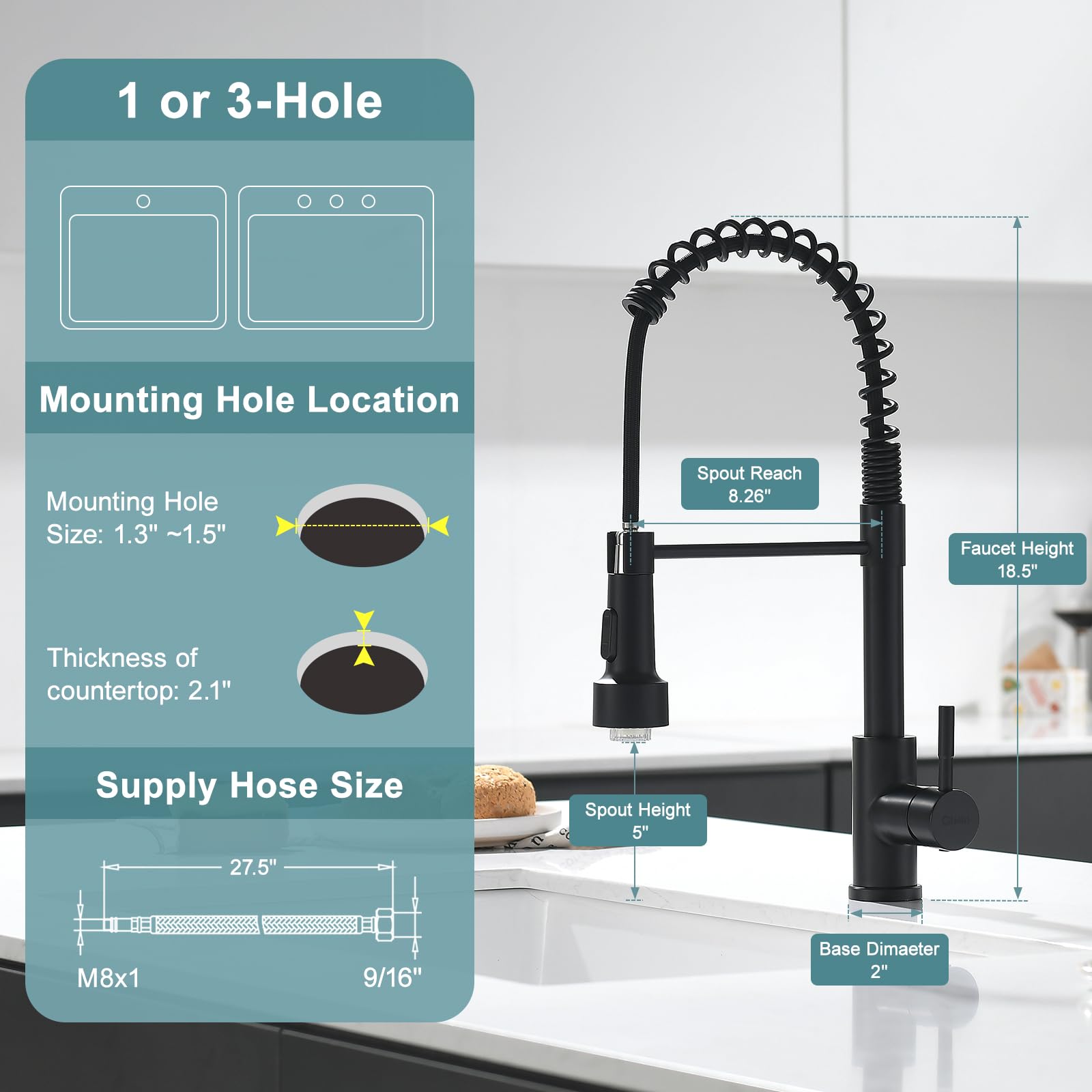 GIMILI Matte Black Kitchen Faucet with LED Light - Single Hole Spring Sink Faucet with Pull Down Sprayer for Modern Home Kitchen Renovation