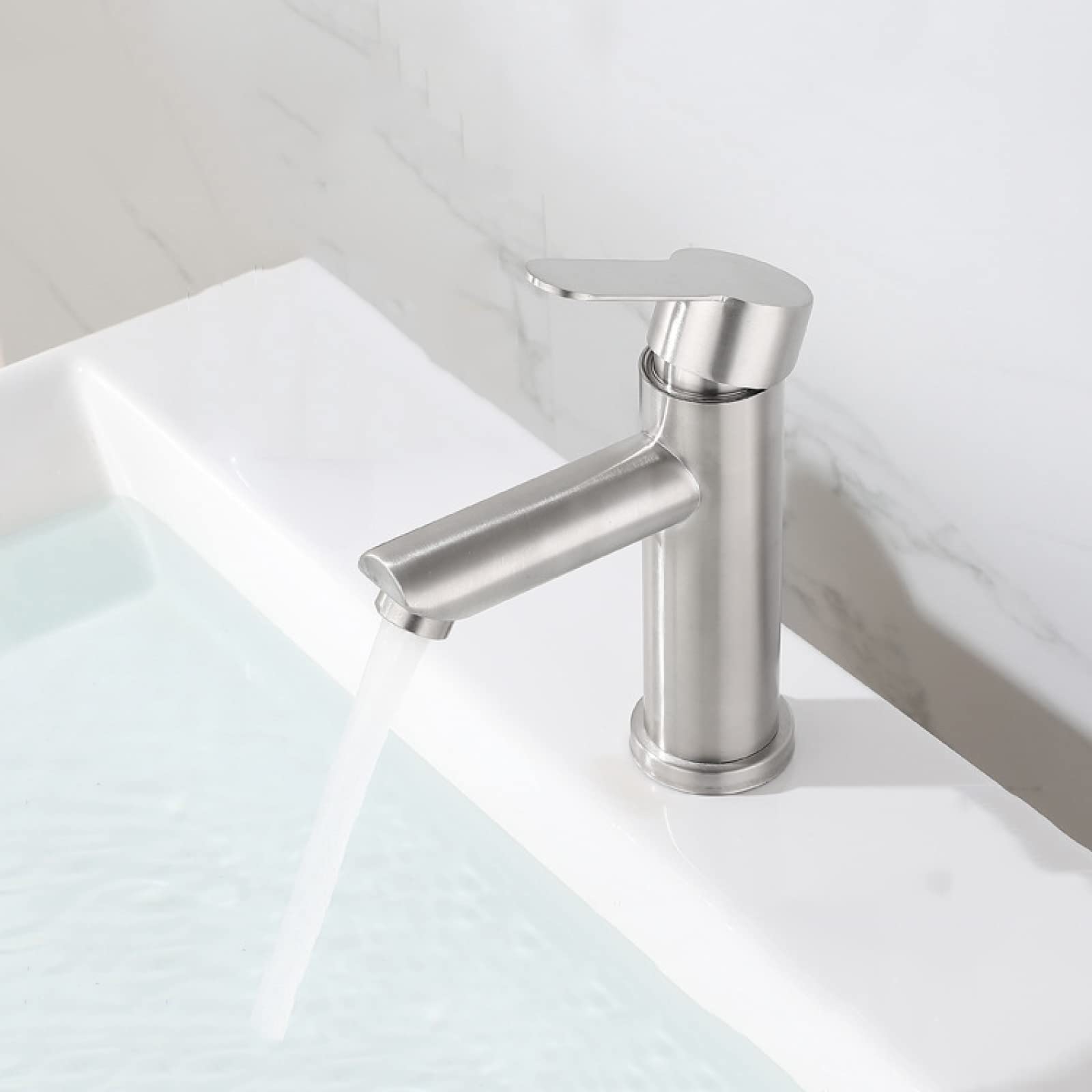 SHAUNI Brushed Stainless Steel Single Handle Bathroom Sink Faucet - Modern Waterfall Design for Vanity, Powder Room & Guest Bath