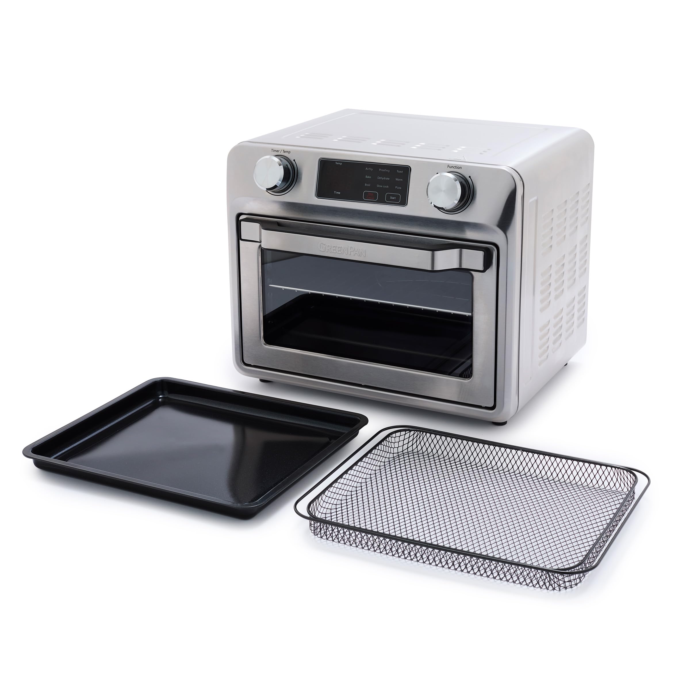 GreenPan Bistro 9-in-1 Stainless Steel Air Fryer Oven with Nonstick Baking Pan, Rack & Basket - Fast Heating, Multiple Presets, Cool-Touch Handle, PFAS-Free, Easy Clean Crumb Tray - Perfect for Baking, Roasting & Air Frying at Home