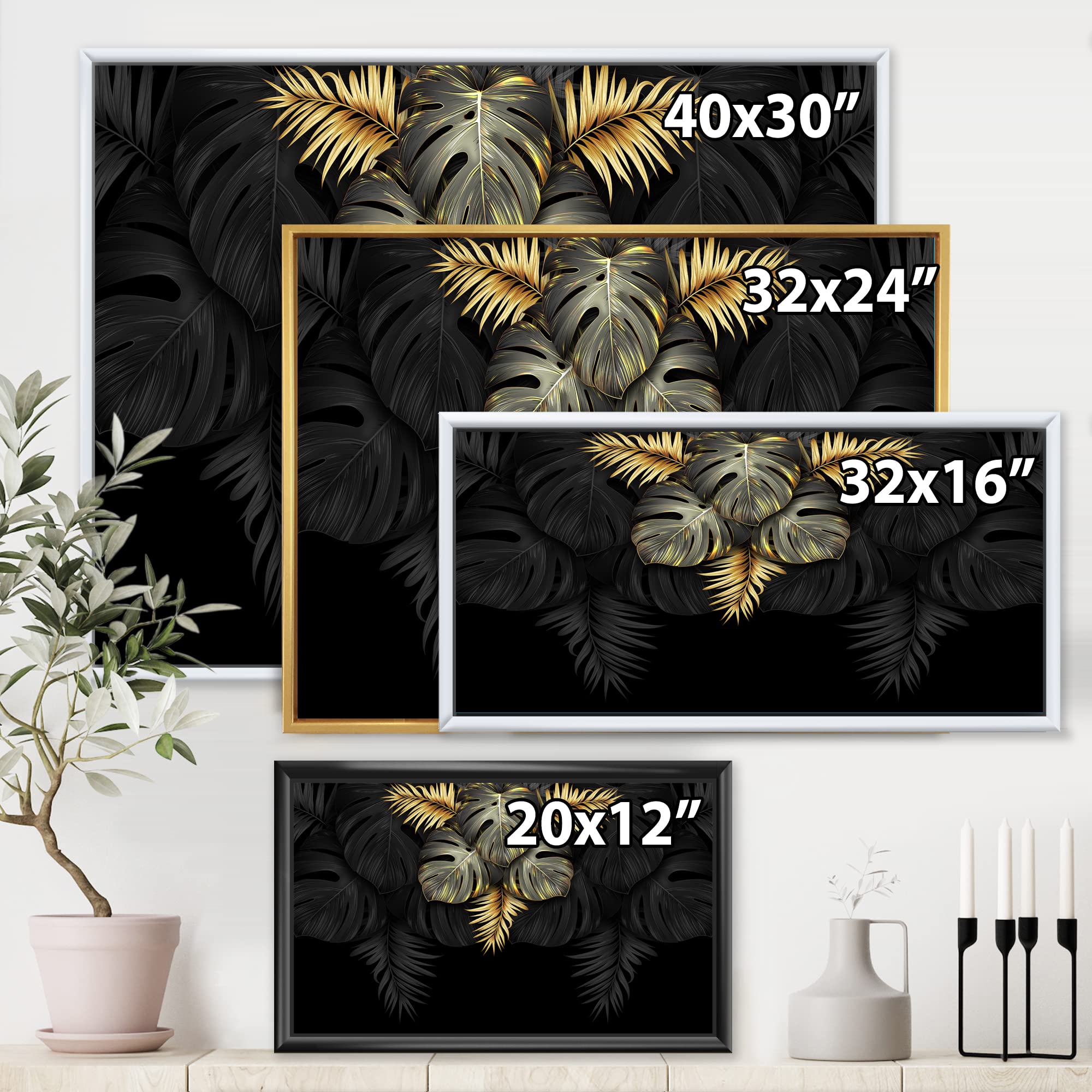 Black and Gold Tropical Leaves IV - Modern Framed Canvas Wall Art Print for Living Room, Bedroom & Office Decor | Home & Office Wall Decorations