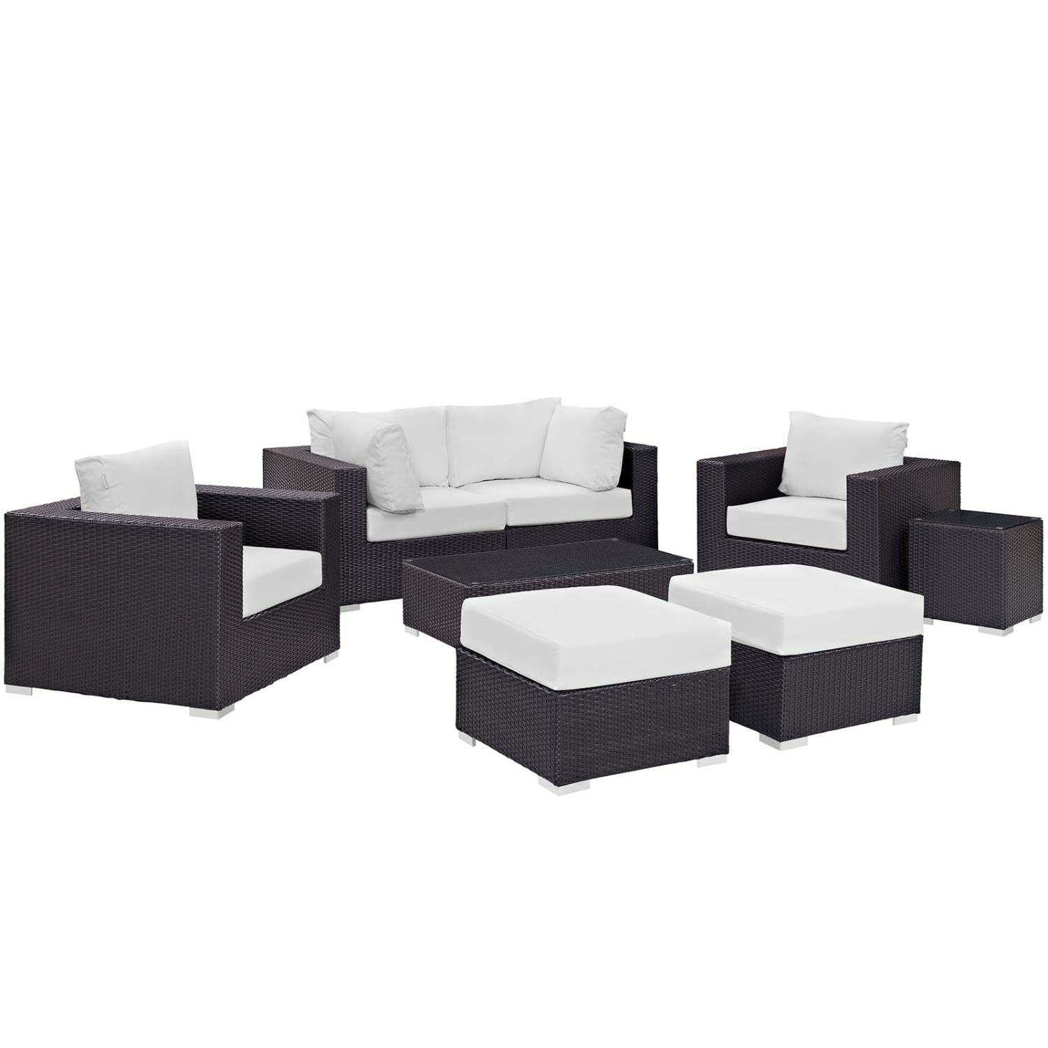 Modway Convene Collection 8-Piece Outdoor Patio Sectional Set in Espresso White - Durable Wicker Furniture for Backyard, Poolside & Garden Relaxation