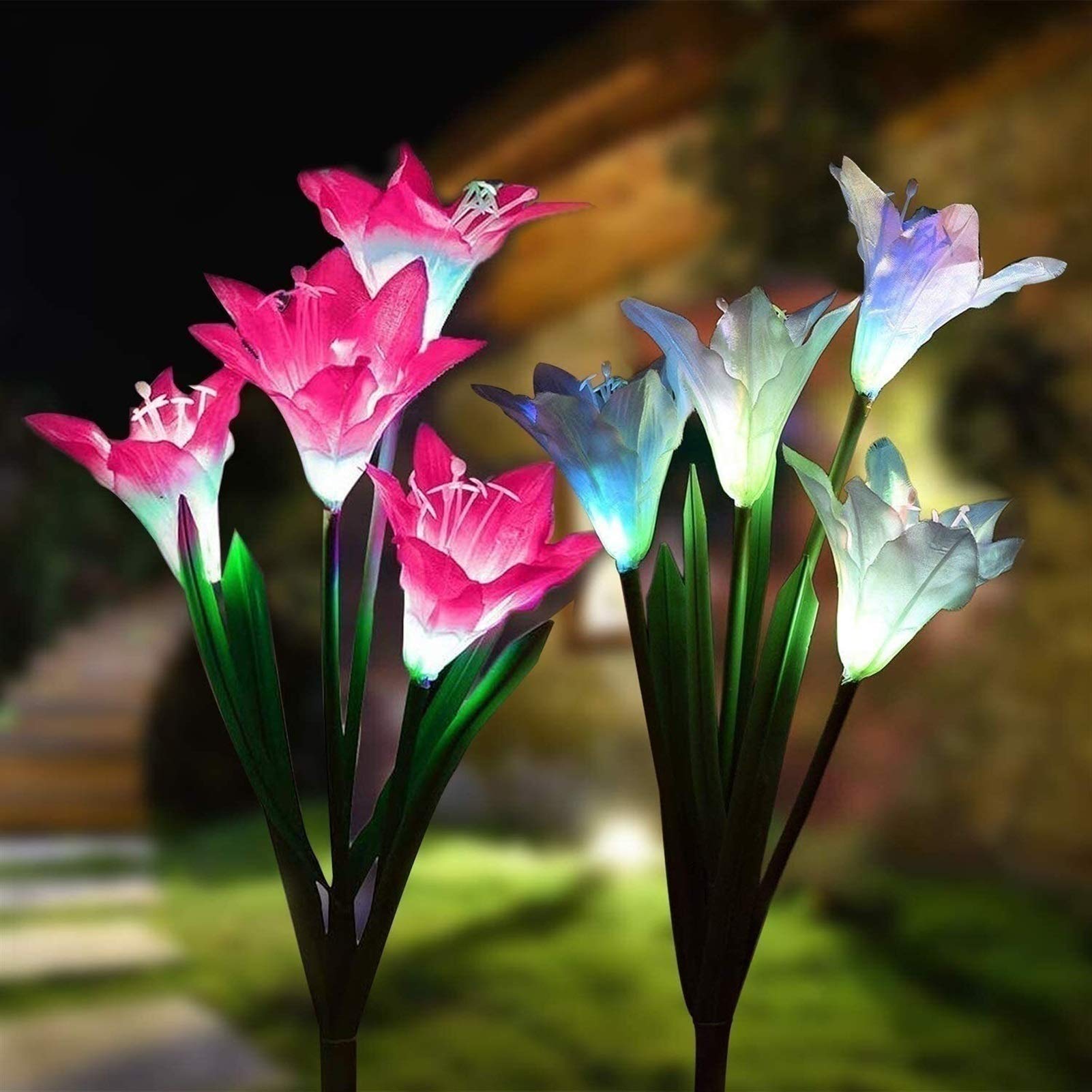 2 Pack Solar Powered Outdoor Garden Stake Lights - 8 Color Changing LED Lily Flower Lights for Patio, Lawn, Yard & Landscape Decoration | Waterproof Solar Lights for Pathway, Backyard, Wedding Decor (Pink+White)