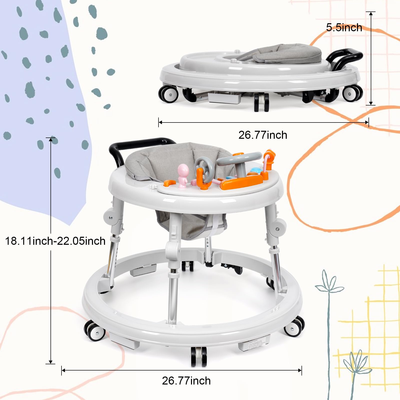 Foldable Baby Walker with Music & Lights - 9 Adjustable Heights, Wheels & Activity Center for Boys & Girls 7-18 Months (White) | Portable Learning Walker for First Steps & Indoor Play