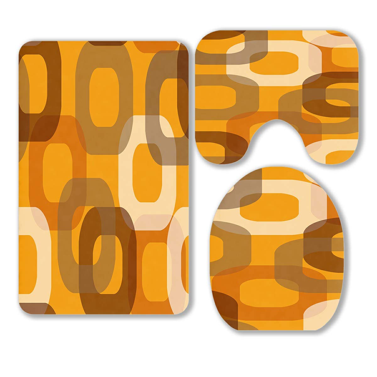Retro Donut Shape 3-Piece Bathroom Rug Set - Brown & Orange Bath Mat, Contour Mat & Toilet Lid Cover - Non-Slip, Absorbent for Bathroom, Kitchen, Laundry Room