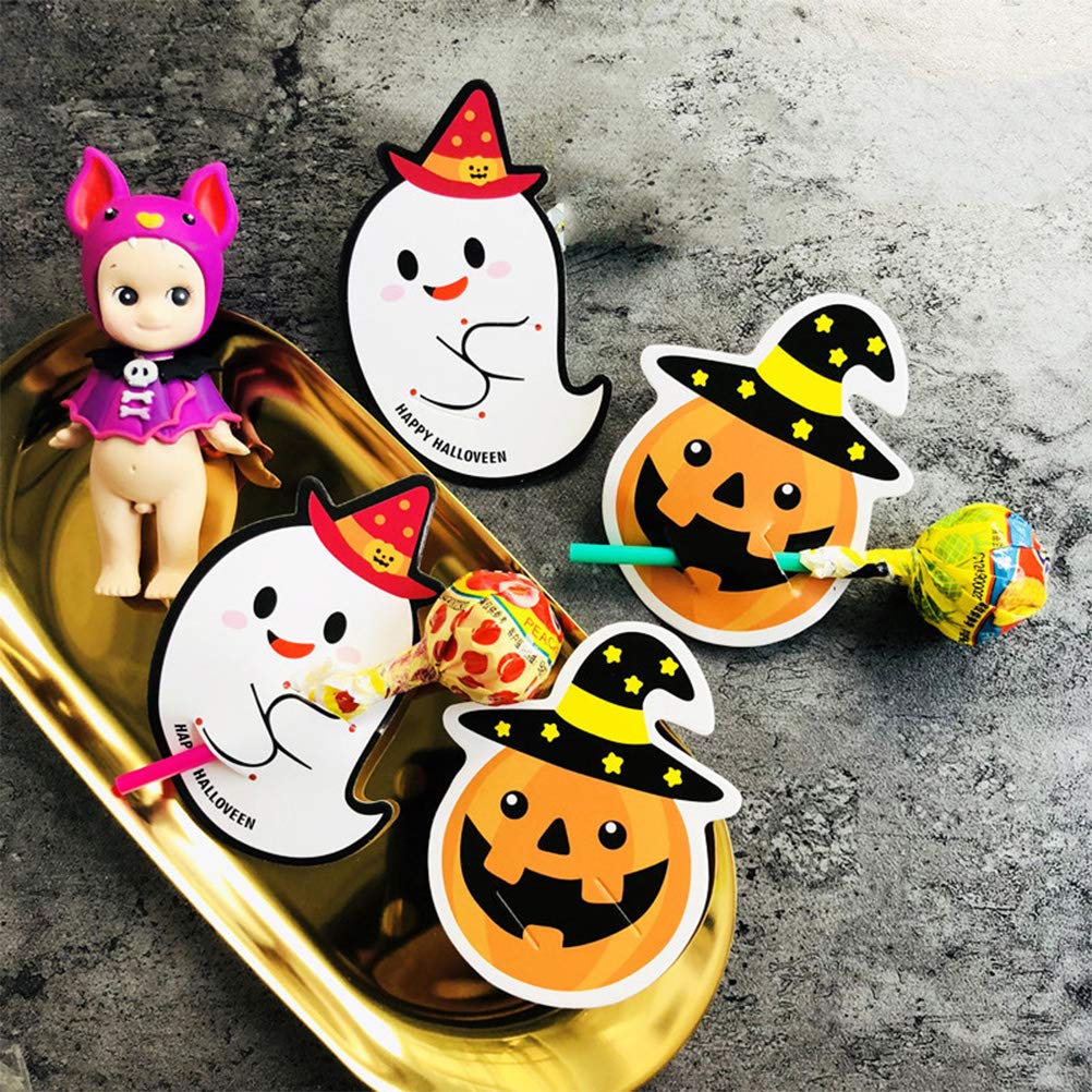 ABOOFAN 50pcs Halloween Lollipop Paper Cards - DIY Pumpkin Pattern Message Cards for Party Favors, Gift Wrapping & Halloween Decorations