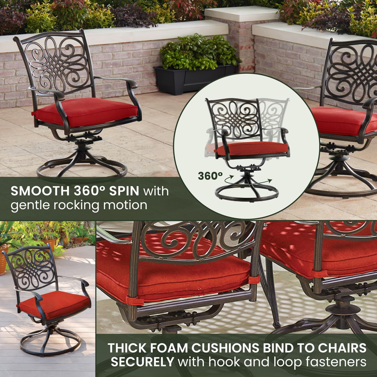 Hanover Traditions 5-Piece Outdoor Patio Dining Set - 48'' Round Rust-Resistant Table & 4 Swivel Rocker Chairs with Weatherproof Autumn Berry Red Cushions - Modern Garden Furniture for Backyard, Deck, and Poolside Dining