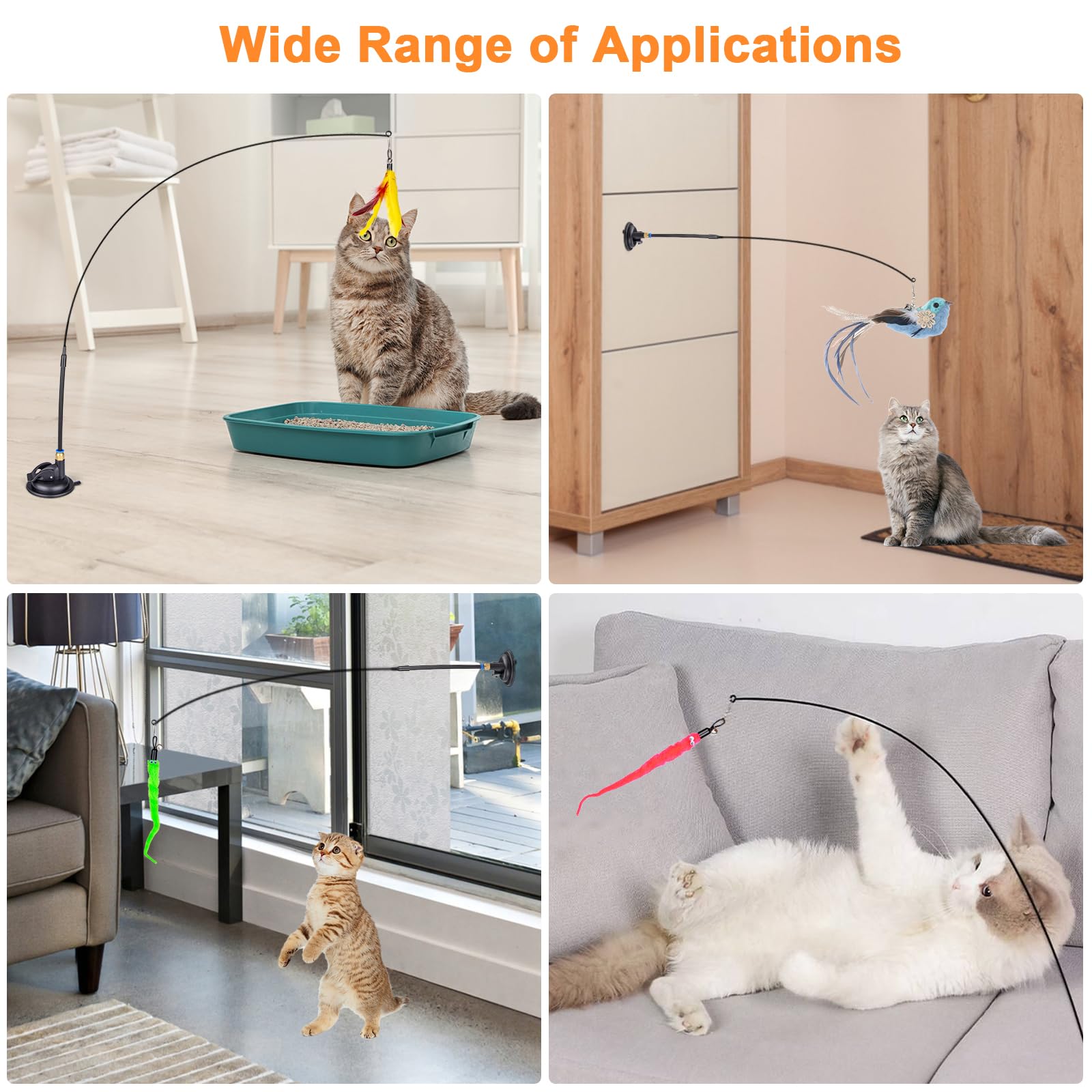10PCS Interactive Cat Feather Toys with Super Suction Cup - Includes 2 Detachable Wand Toys & 6 Replacement Teaser Refills with Bell - Fun Exercise Toys for Indoor Cats & Kittens - Perfect for Playtime, Training, and Bonding with Your Feline
