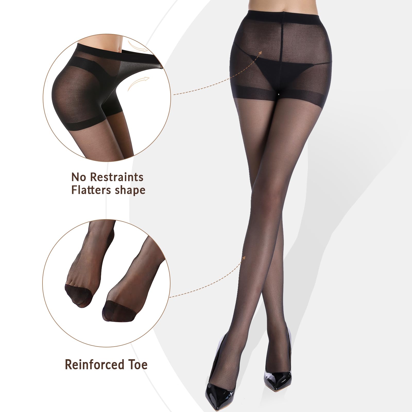 WAKUNA 20D Women's Black Sheer Tights - Run-Resistant Stockings with Reinforced Toe for Everyday Wear & Office Outfits