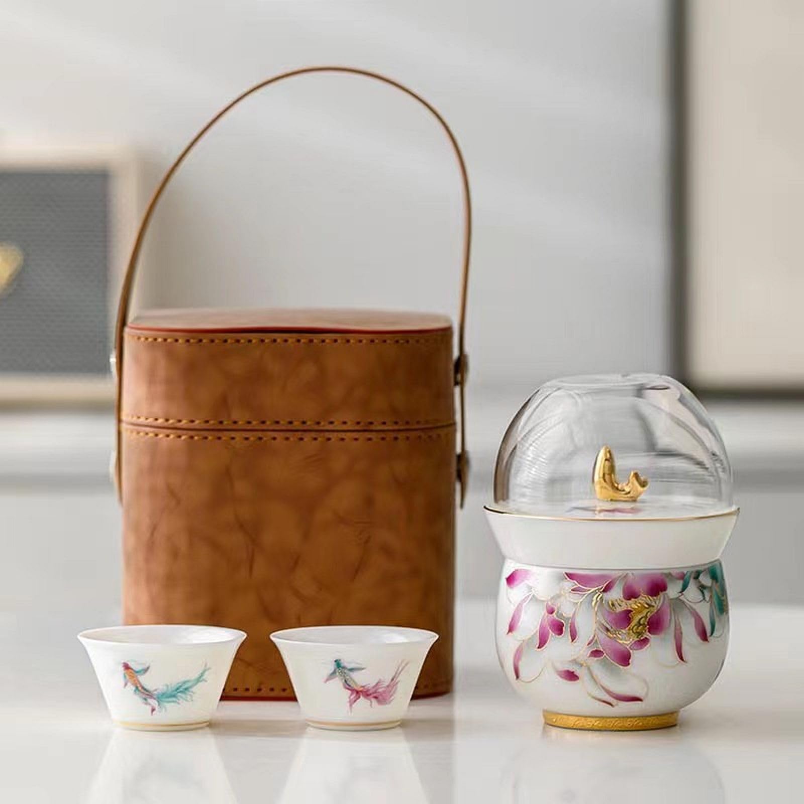 Portable Travel Tea Set with Infuser - Mini Kung Fu Tea Set for Camping, Picnic & Outdoor Adventures - Lightweight & Compact Design (Vivid Fish)