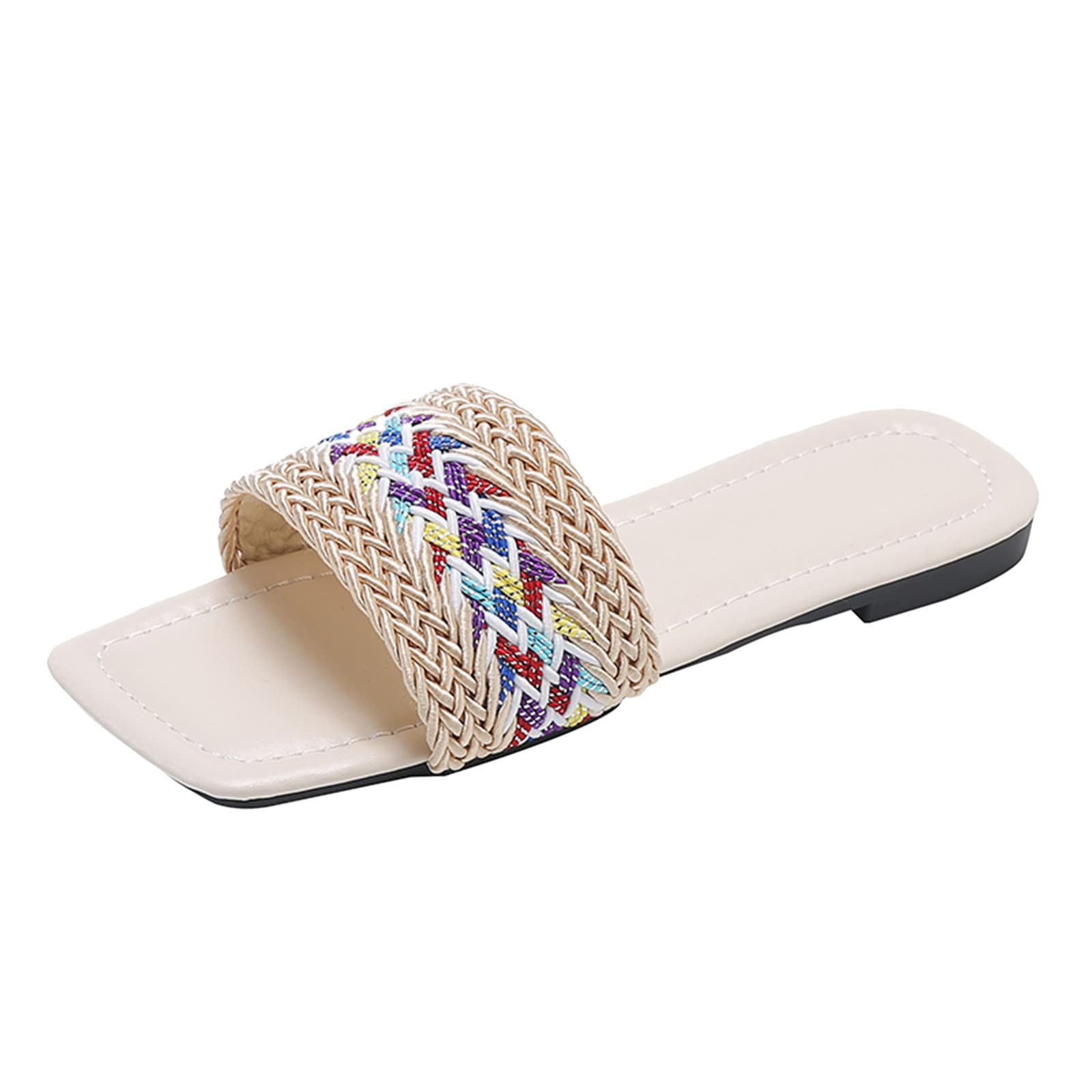 Women's Casual Woven Flat Slippers - Soft Indoor/Outdoor Beach Sandals - Comfortable Large Size (Beige, 9.5) for Home, Vacation & Relaxation