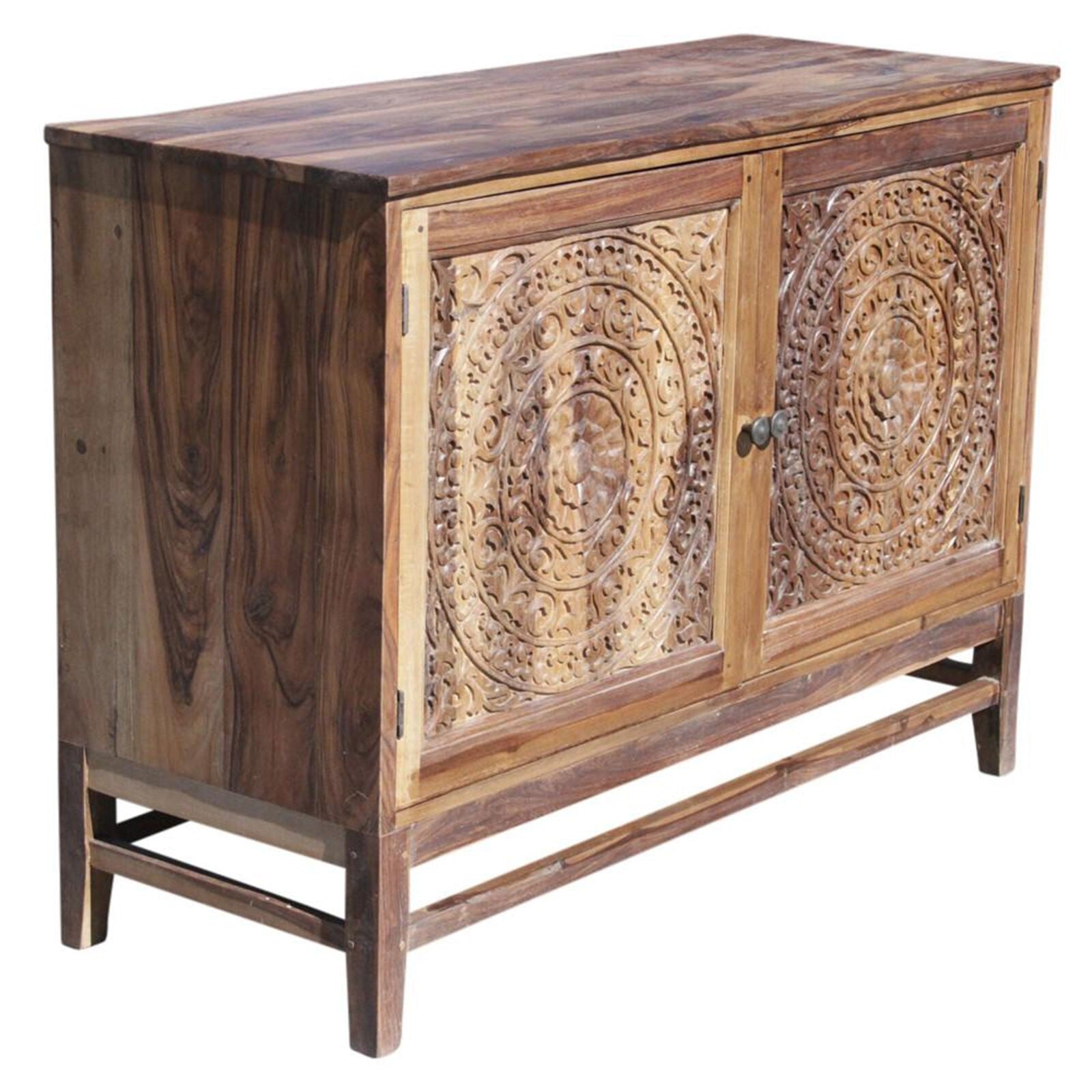 Hand Carved Solid Wood Sideboard with Natural Finish - Rustic Entryway Buffet for Dining Room & Living Room Storage