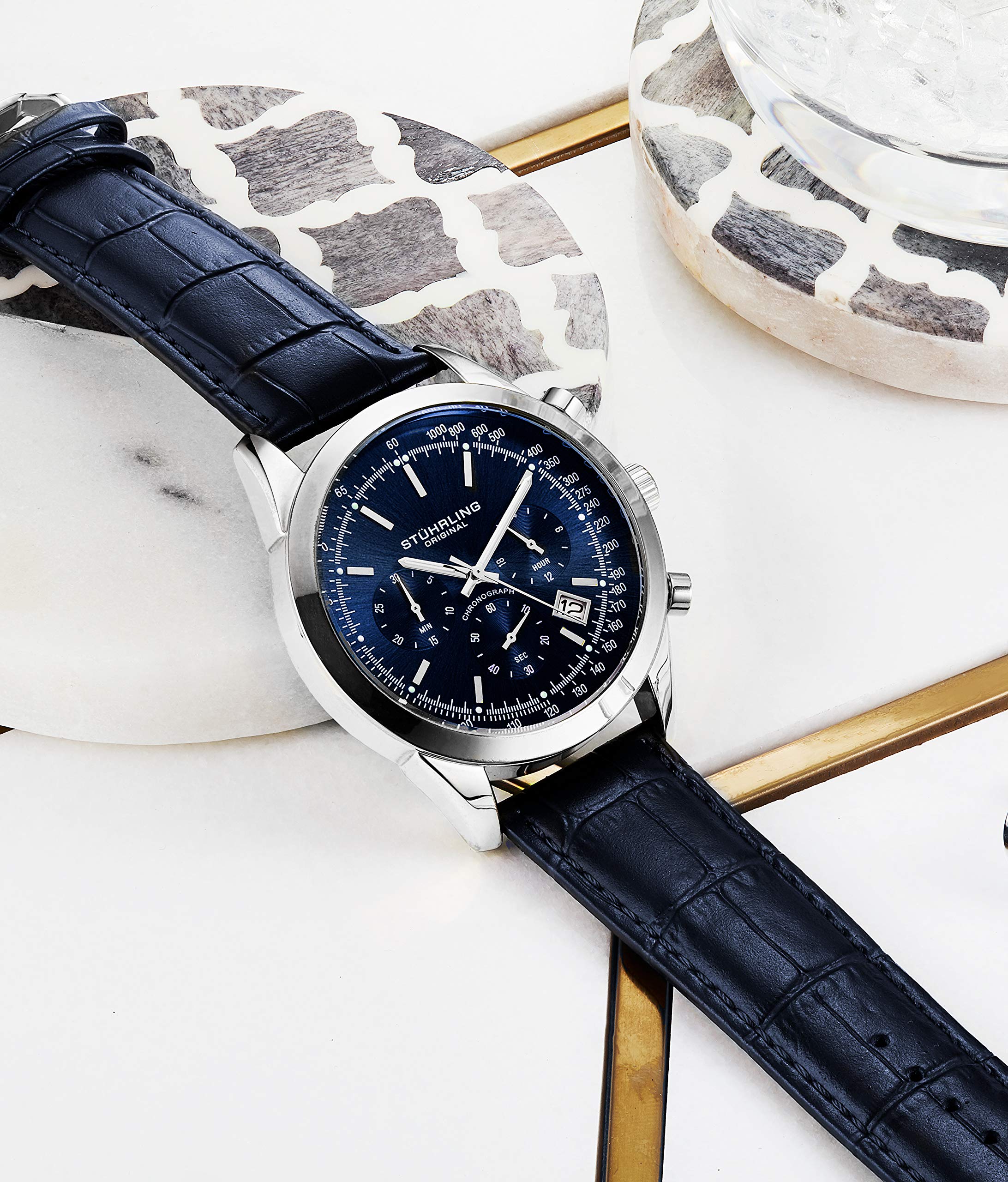 Stuhrling Original Men's Chronograph Watch - Blue Analog Dial with Date, Tachymeter & 24-Hour Subdial - Genuine Leather Strap - Rialto Collection - Perfect for Business, Casual & Formal Occasions