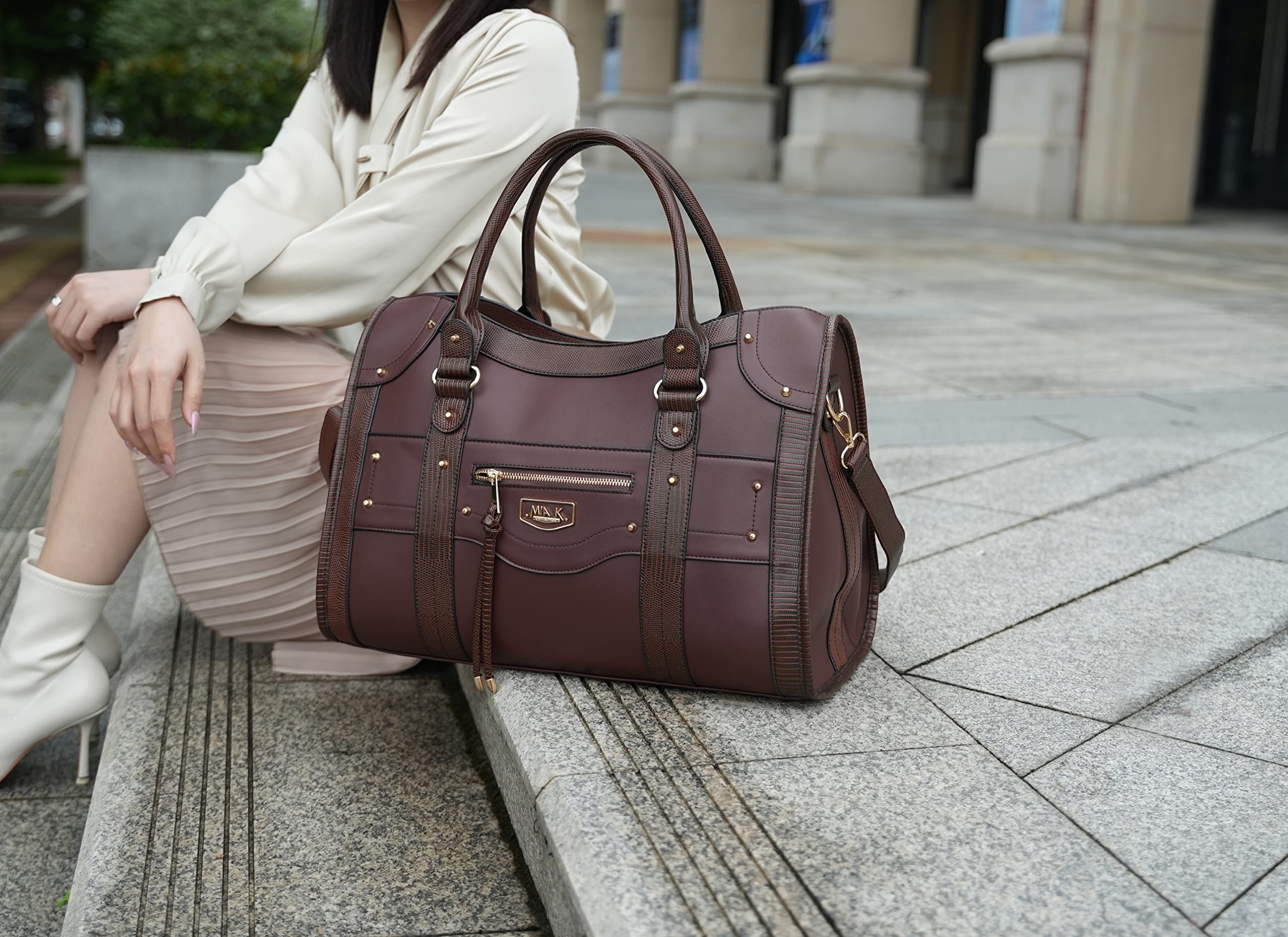 MKF Collection Women's PU Leather Duffle Bag - Large Cute Weekender Overnight Bag for Travel, Gym & Sleepover | Carry-On Luggage for Women & Girls | Perfect for Weekend Getaways, Sports & Business Trips