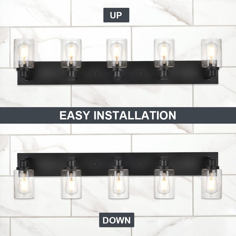5-Lights Farmhouse Bathroom Vanity Light - Black Wall Mount Lighting Fixture with Seeded Glass Shades - Perfect for Bathroom Mirror, Cabinet, Kitchen and Bedroom Lighting