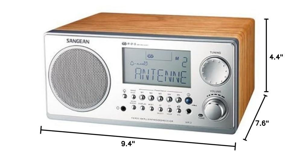 Sangean WR-2 AM/FM-RBDS Wooden Cabinet Digital Tuning Radio with Alarm Clock & Sleep Timer - Walnut Finish | Perfect for Home, Office, Kitchen, and Outdoor Use