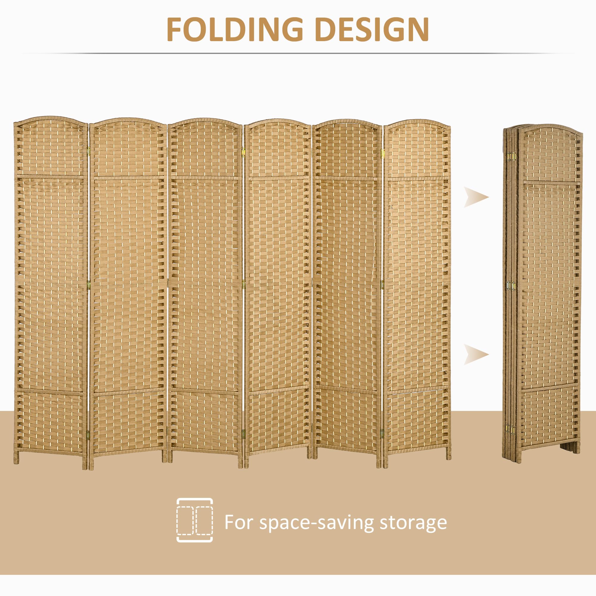 HOMCOM 6 Panel Folding Room Divider Privacy Screen - 5.6 Feet Tall Freestanding Partition Wall for Home Office, Bedroom, Living Room - Natural Wood Finish for Space Separation & Decoration