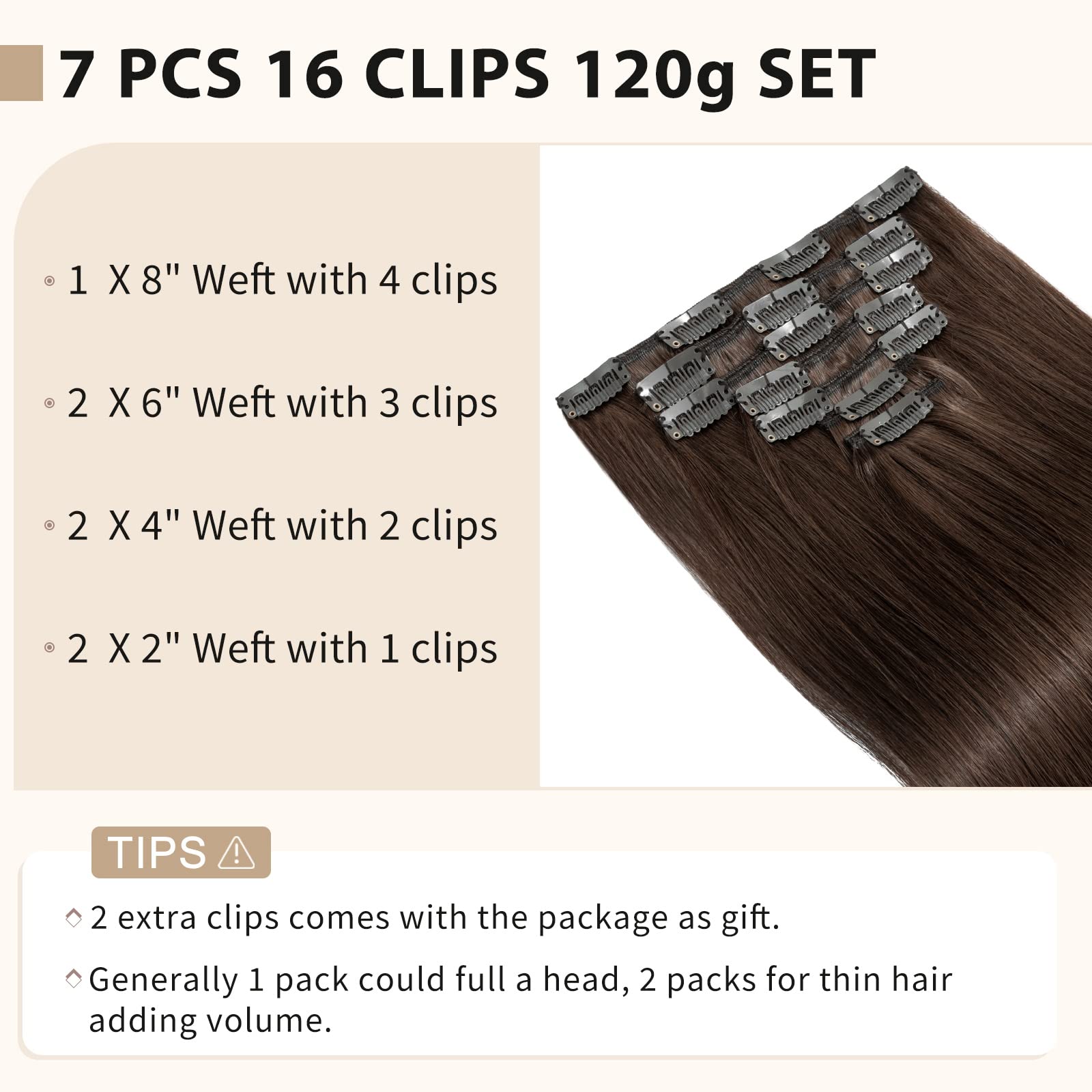 Clip in Human Hair Extensions 18 Inch - 7pcs Long Straight Remy Hair Extensions 120g, Seamless Double Weft Virgin Hair for Women (Brunette #4 Medium Brown) - Perfect for Parties, Weddings & Daily Styling