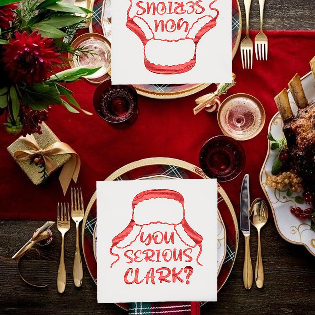 Funny Christmas Napkins - 'You Serious Clark?' Holiday Party Decorations - Red Foil 5x5 Inch Napkins (50-Pack) for Christmas Vacation Themed Parties, Family Gatherings & Office Celebrations