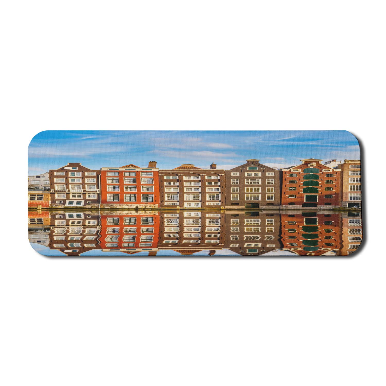 Lunarable Scenic Computer Mouse Pad - Traditional Dutch Canal Houses Amsterdam Heritage Reflection Design, Non-Slip Rubber Base, Extra Large 31x12 Inches Gaming Mousepad in Orange, Brown & Blue - Perfect for Office, Gaming & Home Workspace