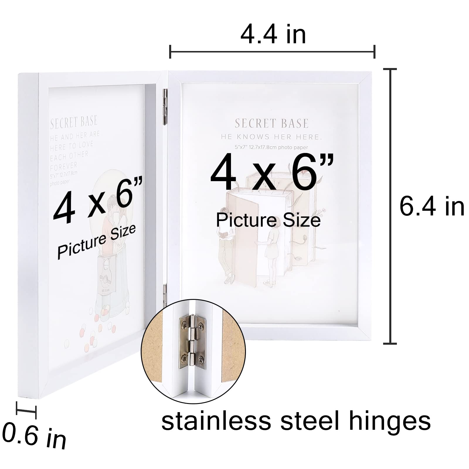AVEAX Double 4x6 Picture Frame - Hinged Folding Photo Frame with Glass Front - Vertical Desktop Display for Family Photos, Wedding Pictures & Home Decor - White