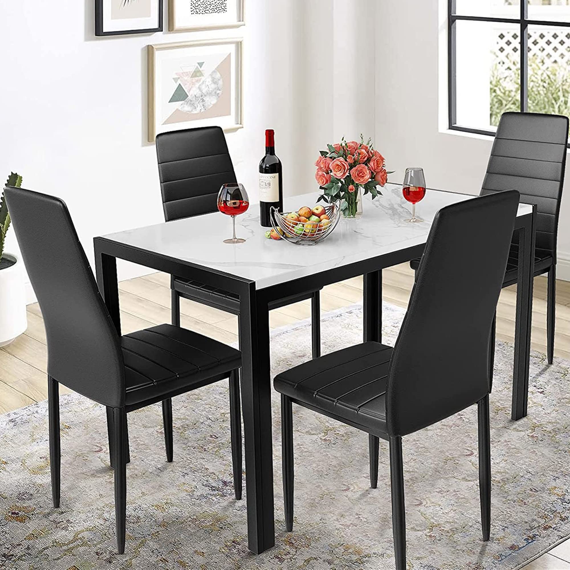 5-Piece Dining Table Set for 4 with Faux Marble Top & 4 PU Leather Chairs - Modern Kitchen & Dining Room Furniture for Small Spaces, Family Meals & Entertaining Guests