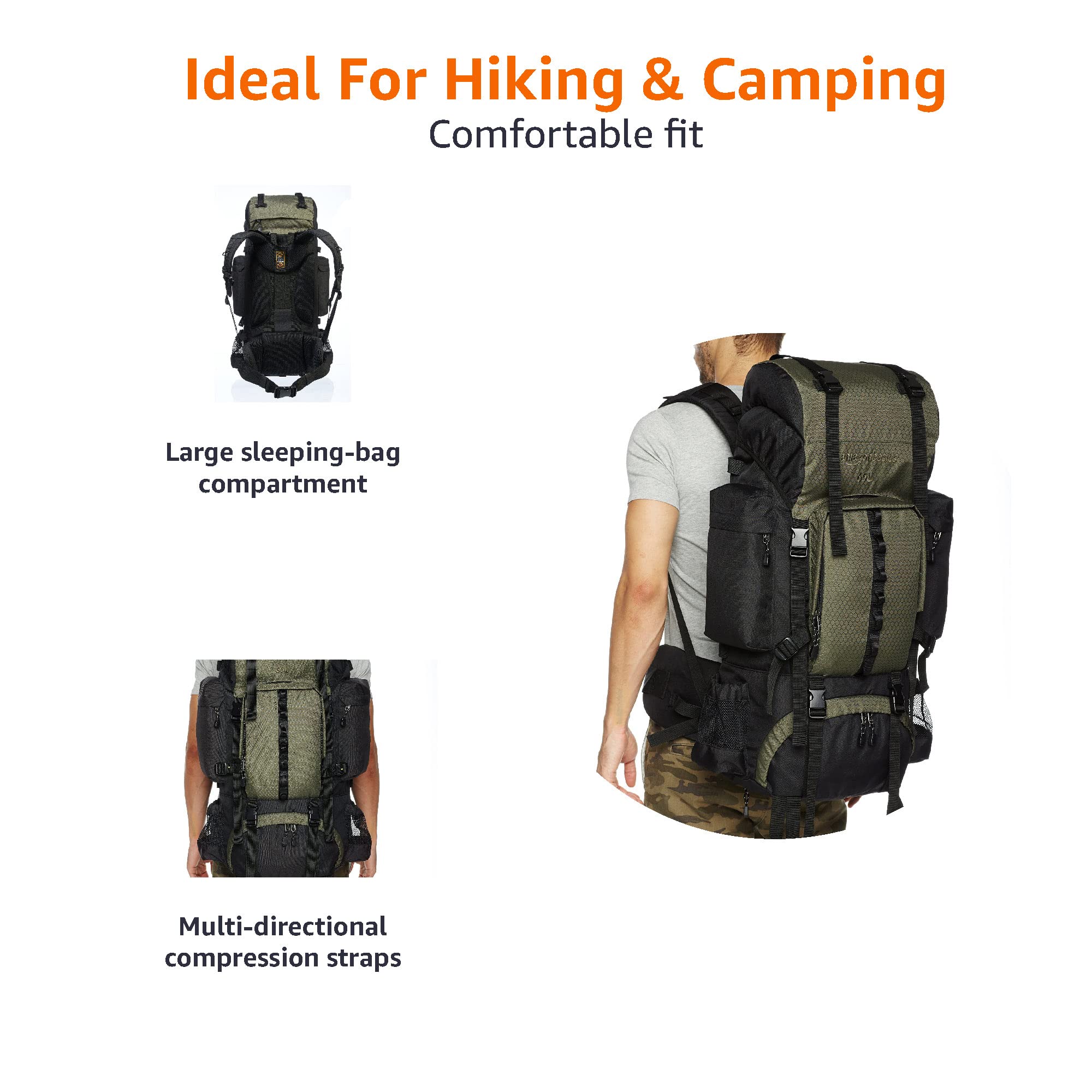 Amazon Basics Internal Frame Hiking Backpack with Rain Cover - Lightweight & Durable for Outdoor Adventures, Camping, and Travel