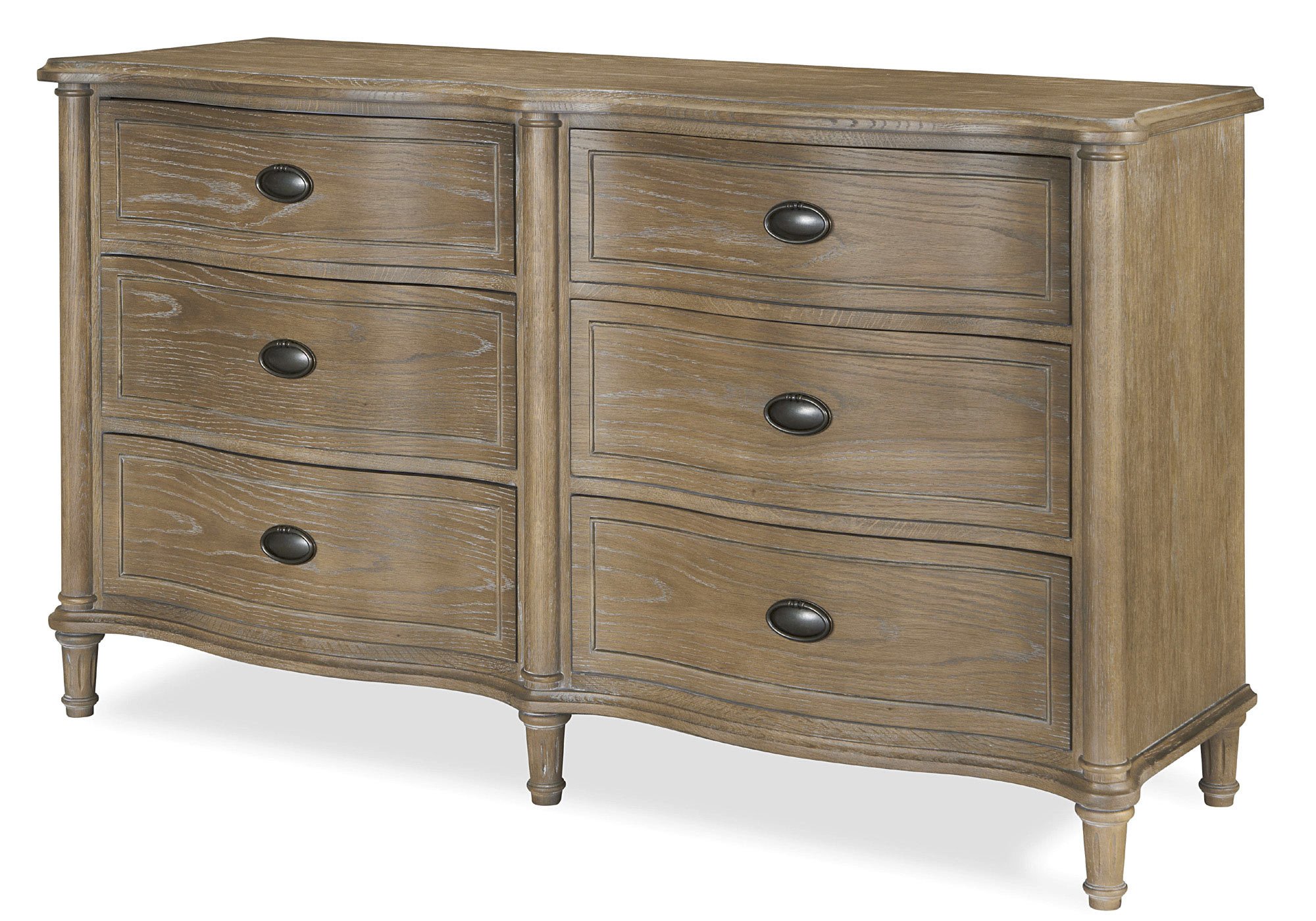 Antiqued Grey Oak 6-Drawer Curved Wood Dresser - Stylish Bedroom Storage for Clothes & Accessories