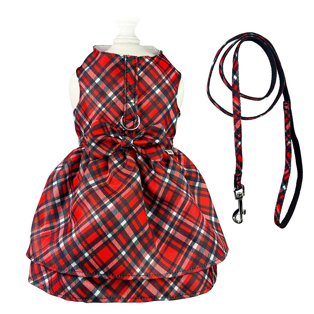 Klippo Red Plaid Dog Harness Dress with Matching Leash for Small, Medium & Large Dogs - XL Size, Perfect for Halloween, Christmas & Pet Parties