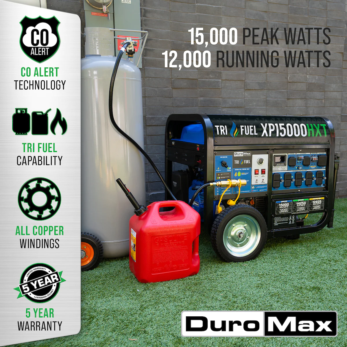 DuroMax XP15000HXT 12000W/15000W Tri-Fuel Portable Generator - Gasoline/Propane/Natural Gas with CO Alert & Remote Start - Ideal for Home Backup Power, Camping & Emergency Use