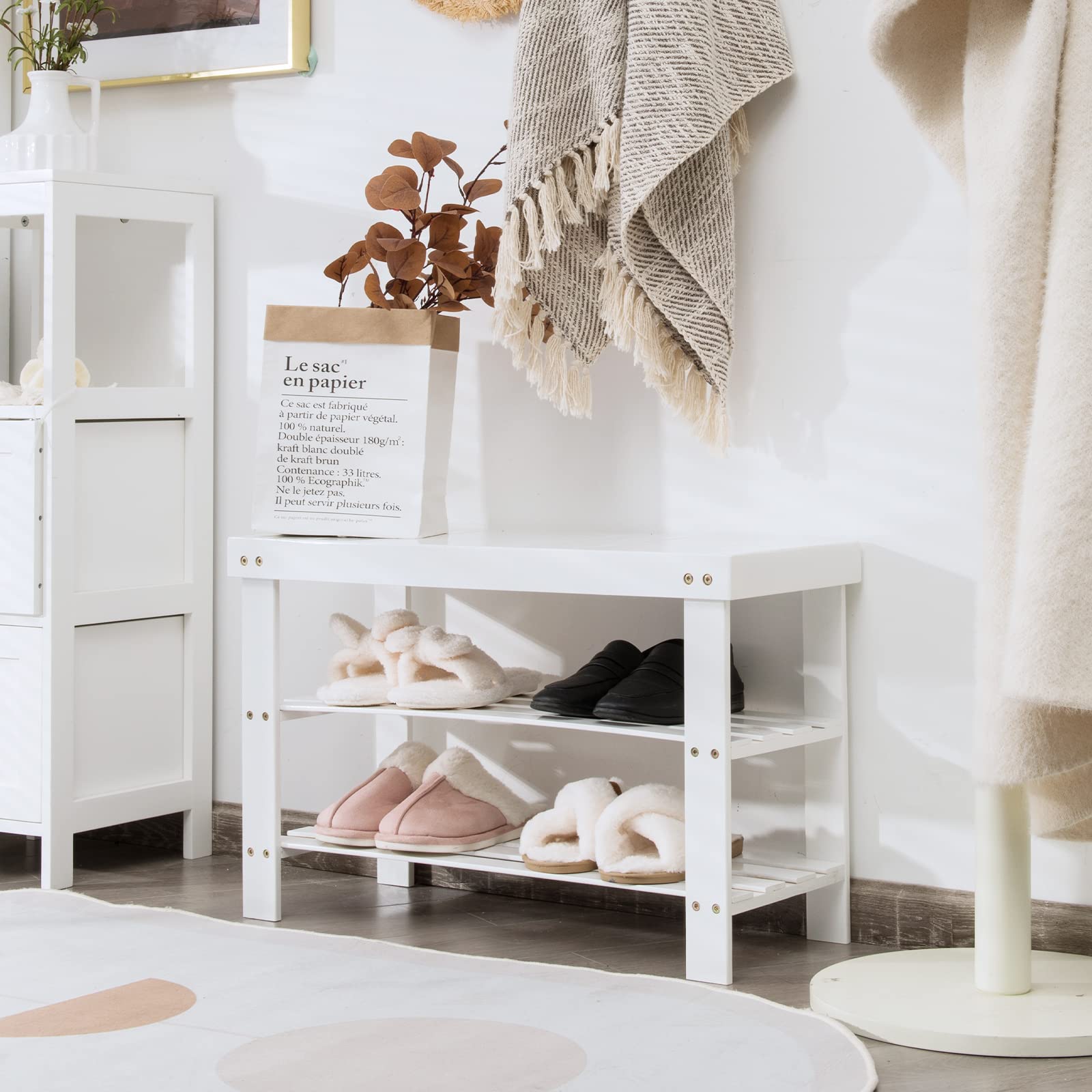 KOTEK 3-Tier Bamboo Shoe Rack Bench - Sturdy Entryway Shoe Organizer Shelf with 220 lbs Weight Capacity - Multi-Purpose Storage for Shoes, Boots & Accessories - Perfect for Hallway, Bathroom, Living Room & Bedroom (White)