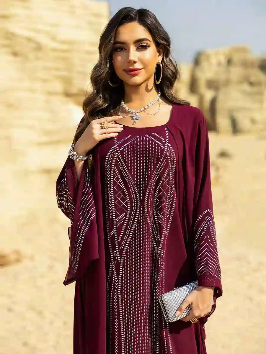 Elegant Hotfix Rhinestone Chiffon Caftan Dress for Women - Perfect for Eid Celebrations, Weddings & Special Occasions