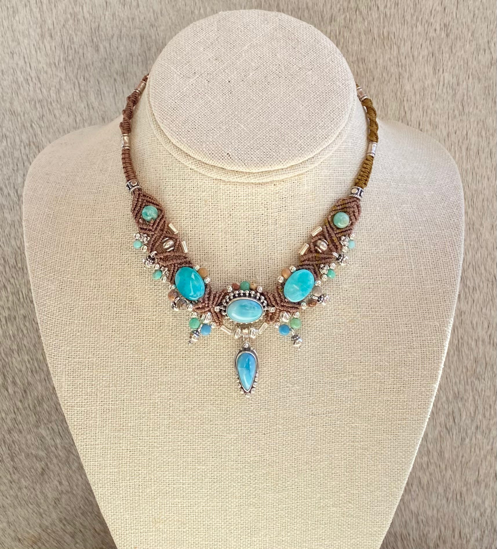 Handmade Macramé Choker Necklace with Larimar and Amazonite Stones - Boho Chic Jewelry for Women, Perfect for Festivals, Beach Parties, and Everyday Wear
