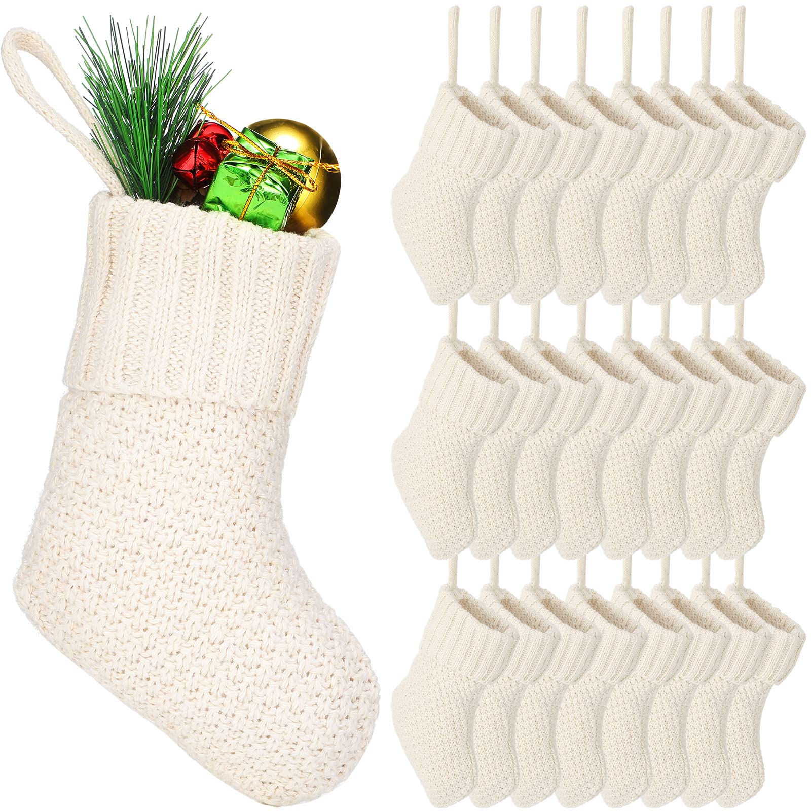 Zubebe 24-Piece 7-Inch Knit Christmas Stockings Set - Rustic Farmhouse Cable Knit Mini Stocking Decorations for Xmas Tree Hanging, Holiday Mantel Decor, Gift Exchange & Party Favors (Ivory)