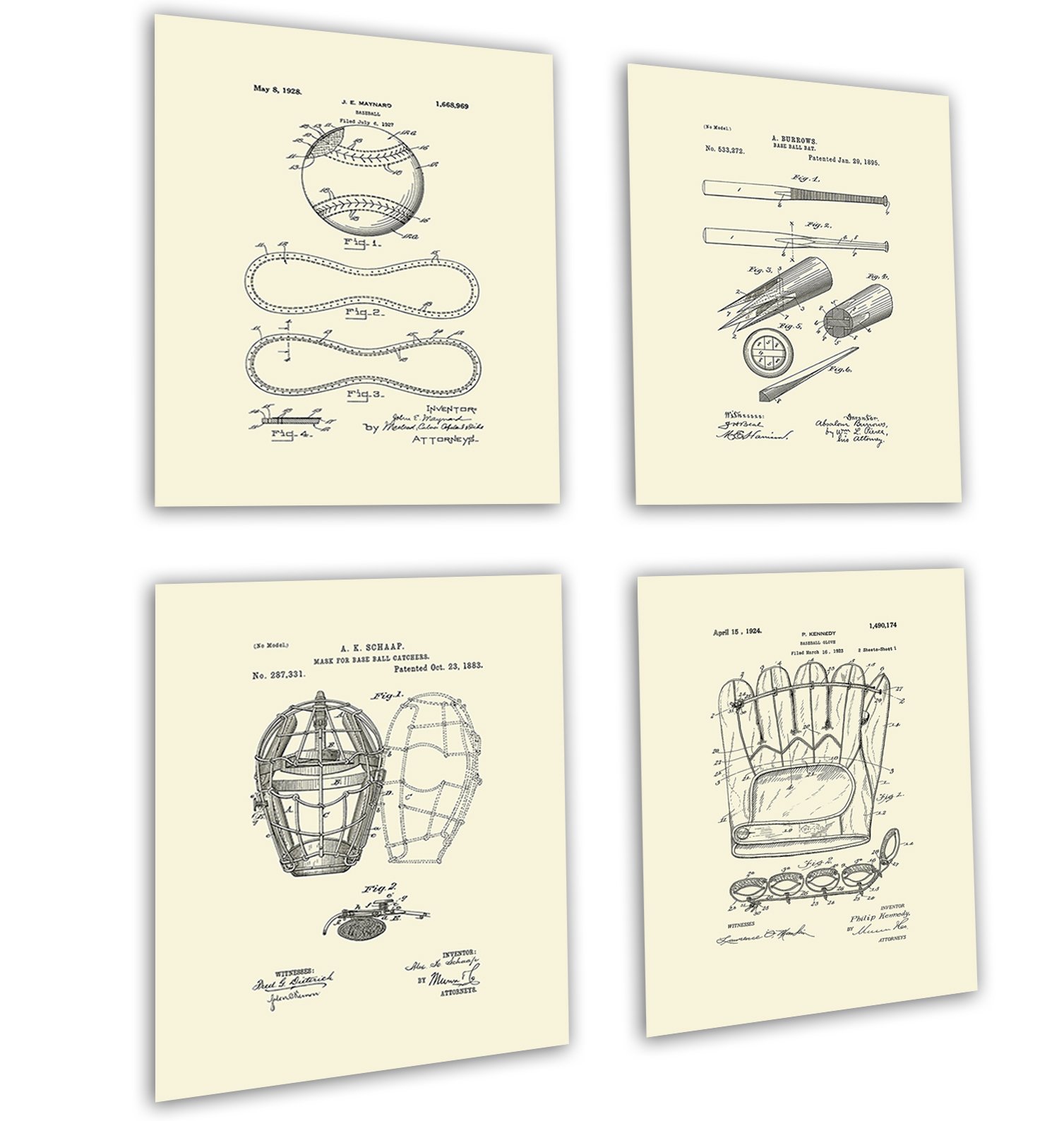 Set of 4 Baseball Patent Wall Art Prints - Unframed Baseball Posters for Boys Bedroom Decor - Vintage Sports Theme Home & Office Wall Decor - Perfect for Baseball Fans, Kids Rooms, Man Cave & Sports Themed Spaces