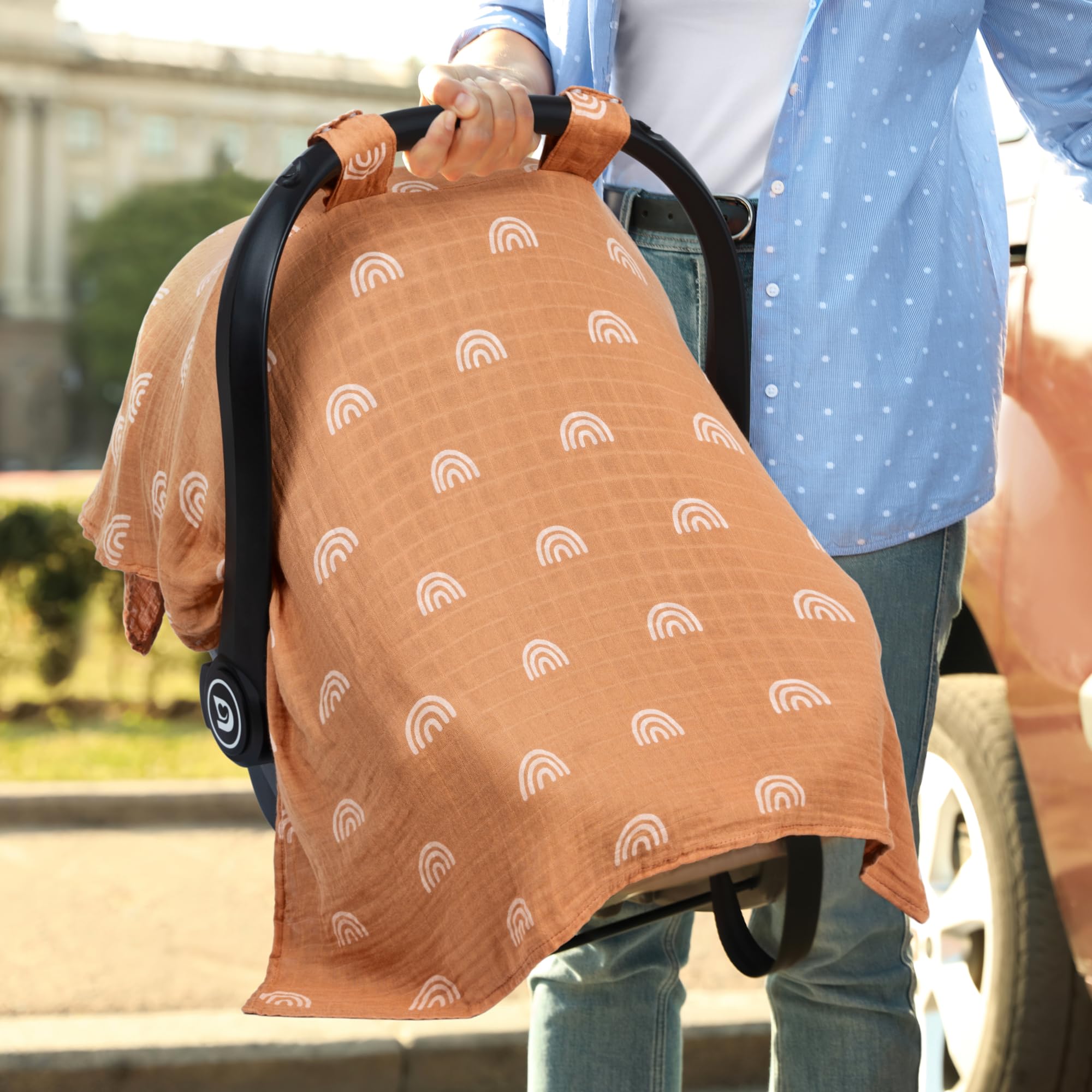 Meracorallo Muslin Baby Car Seat Cover - 2 Pack Lightweight Breathable Soft Infant Carrier Canopy for Boys & Girls (Rainbow & Beige) | Perfect for Strollers, Shopping Carts & Outdoor Protection